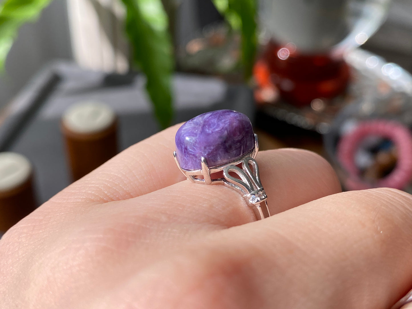 AAAAA Genuine Natural High Grade Silk Shin Purple Charoite,Cat Eyes Oval Shape sterling silver Adjustable Ring