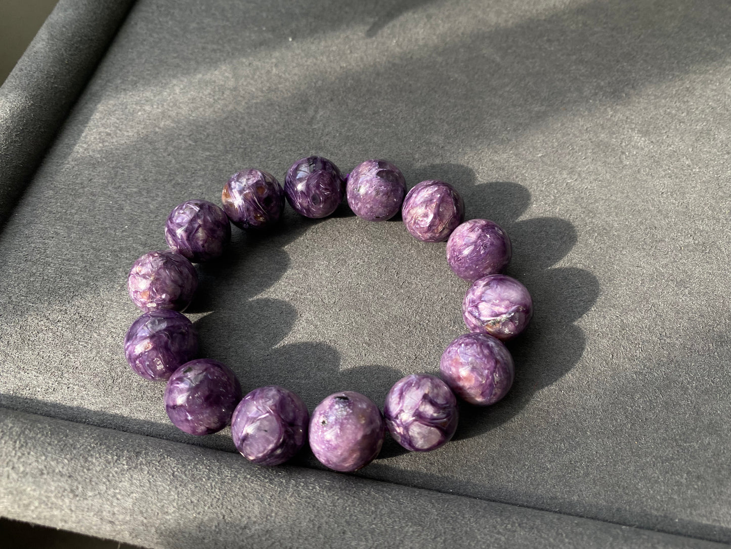 15mm Top Grade Genuine Natural High Grade Silk Shin Purple Charoite,Cat Eyes round Shape Beaded Bracelet