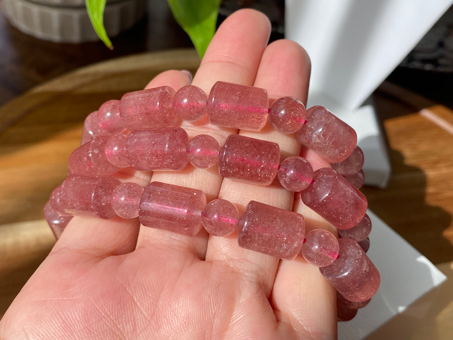 AAAA Grade Rainbow Fire Natural Strawberry quartz  Barrel Round Bead bracelet Joy,healing crystal