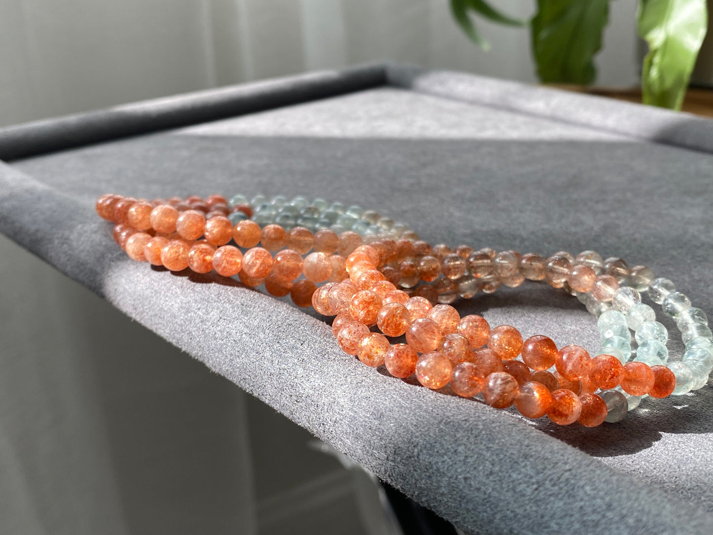 AAAAA Grade Natural Sunstone Gradual change Color super shinning illuminate Fire three layer Bead Bracelet Necklace 5mm,6mm