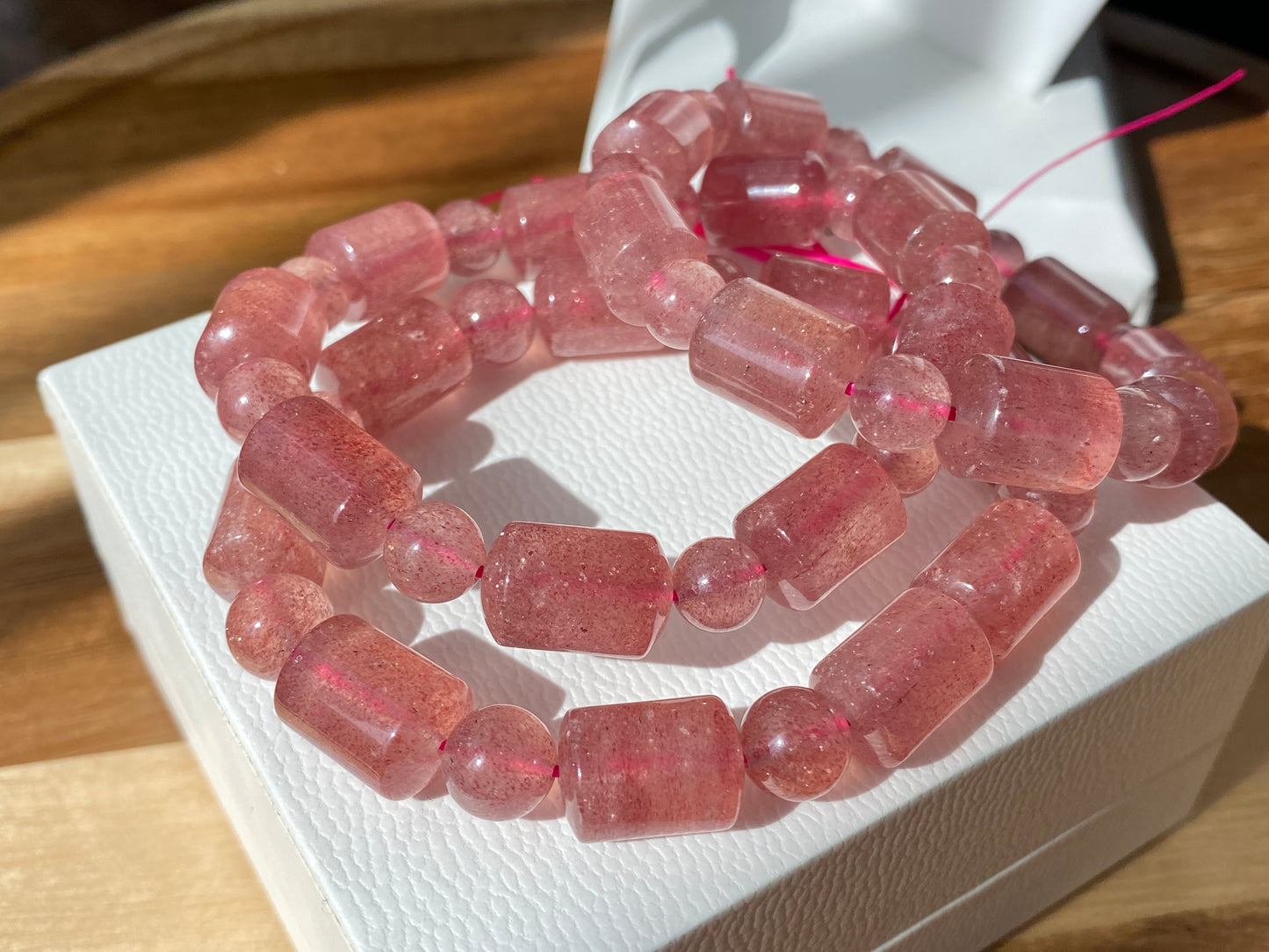 AAAA Grade Rainbow Fire Natural Strawberry quartz  Barrel Round Bead bracelet Joy,healing crystal