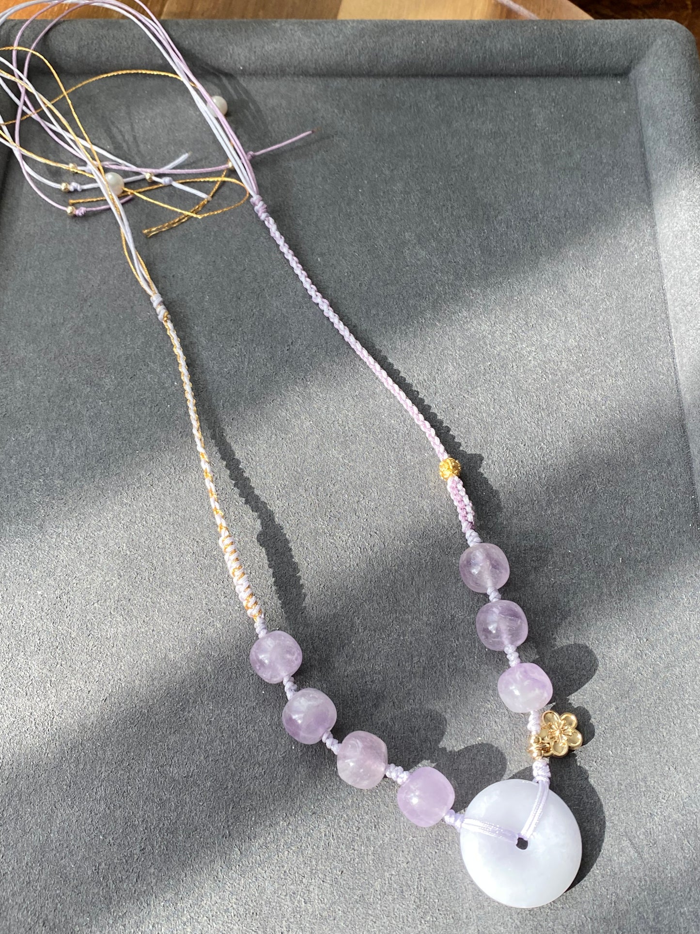 Natural Hetian Jade Donut Ring Shaple,Purple Tone with Purplevine Amethyst short barrel,Peach Flower Dangle Drop  Adjustable Necklace