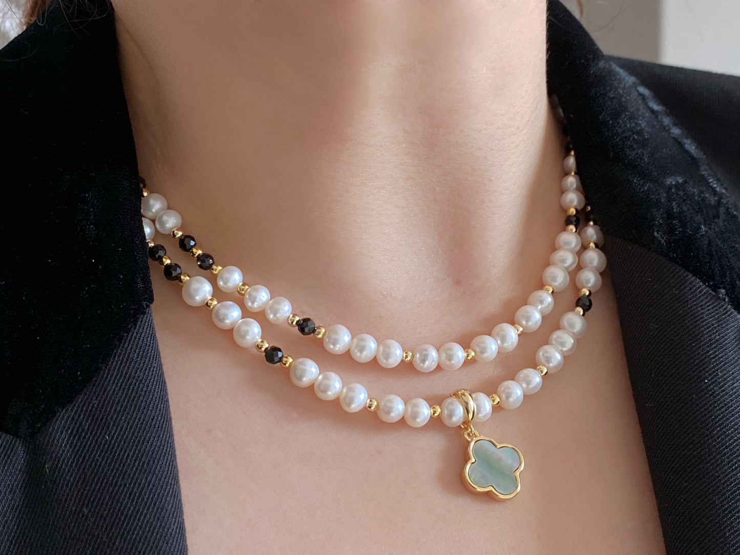 Natural Freshwater pearls with faceted Black Spinel 14K gold filled Handmade Necklace,gift for her, gift for him