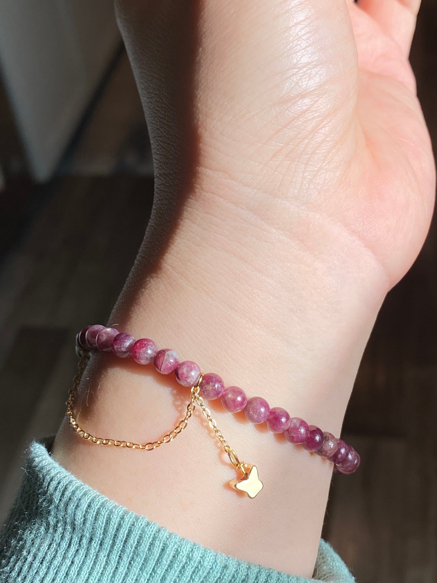 Natural Ruby Red Tourmaline Pink Tourmaline 5mm with white crystal Beaded Bracelet