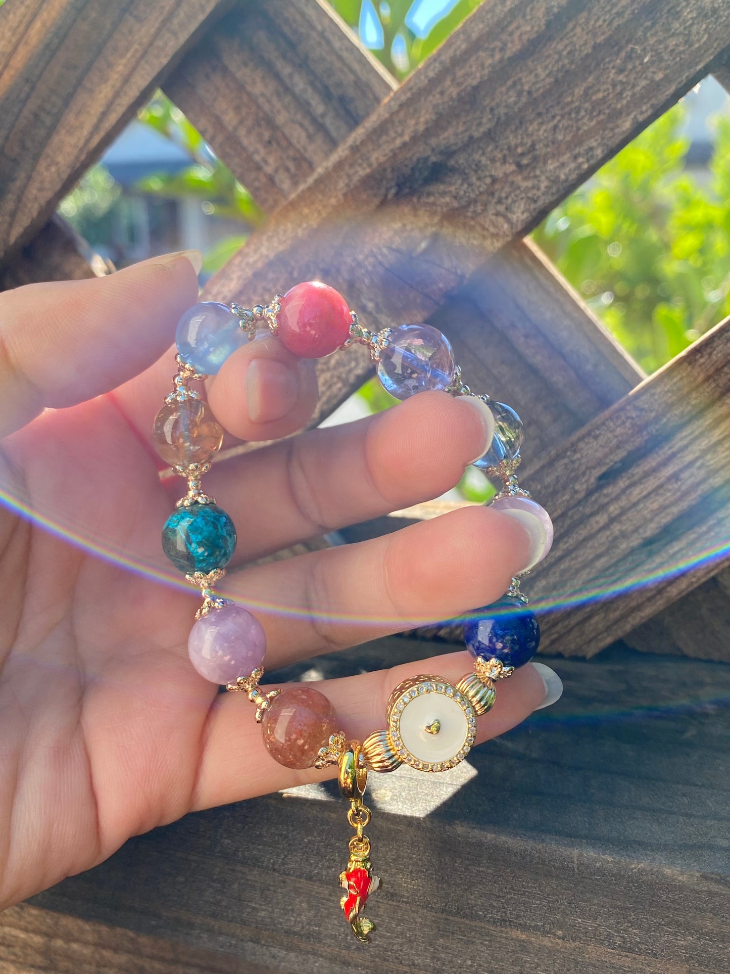 sunstone，rose quartz，Blonde crystal，Turquoise ，Amethyst，Rhodonite，Black Rutilated ，Lapis Lazuli，aquamarine all in one bracelet