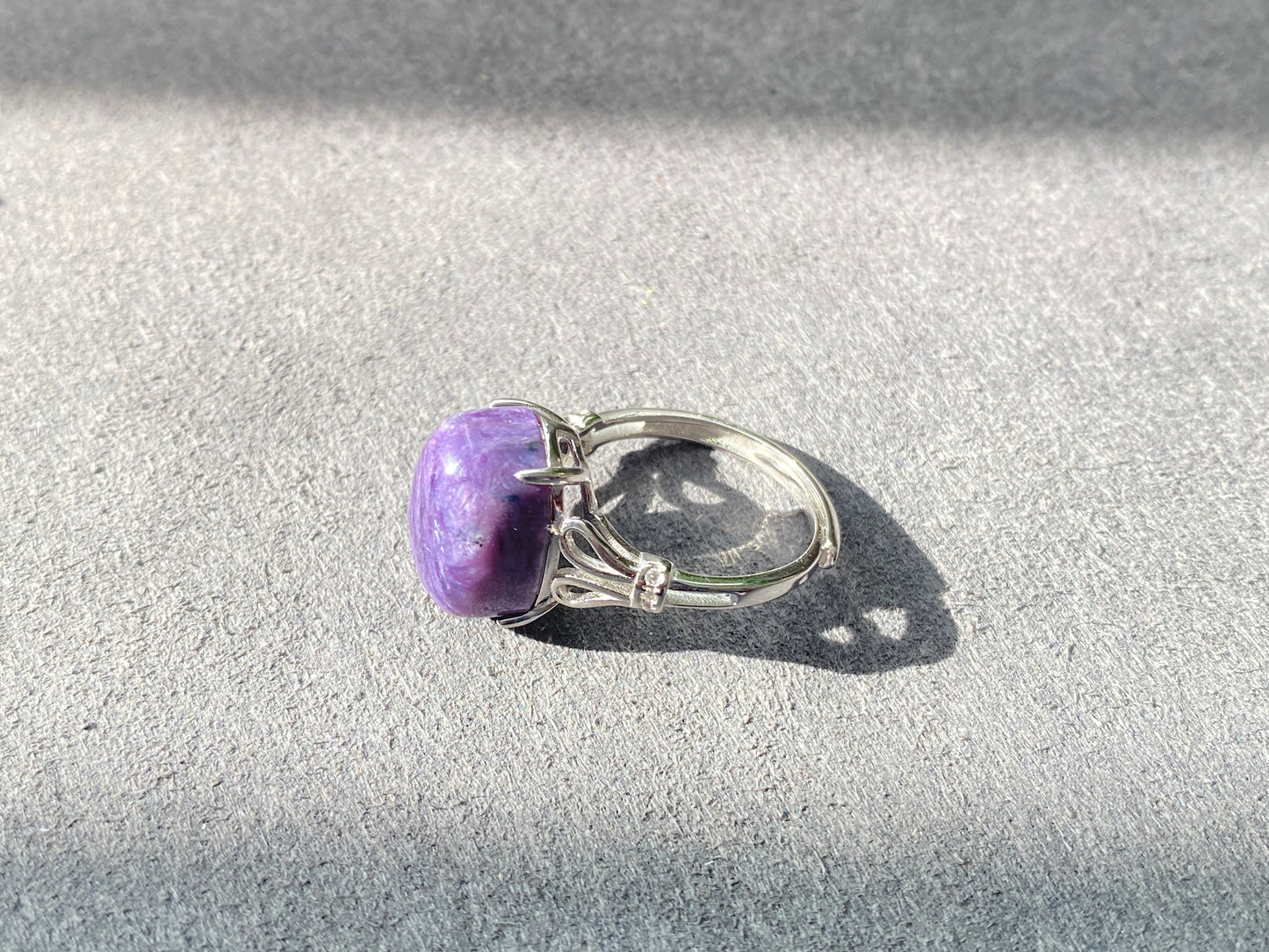 AAAAA Grade Purple Charoite,Flash Silky Fire Oval Shape Sterling Silver S925 Ring Prong setting Adjustable Ring