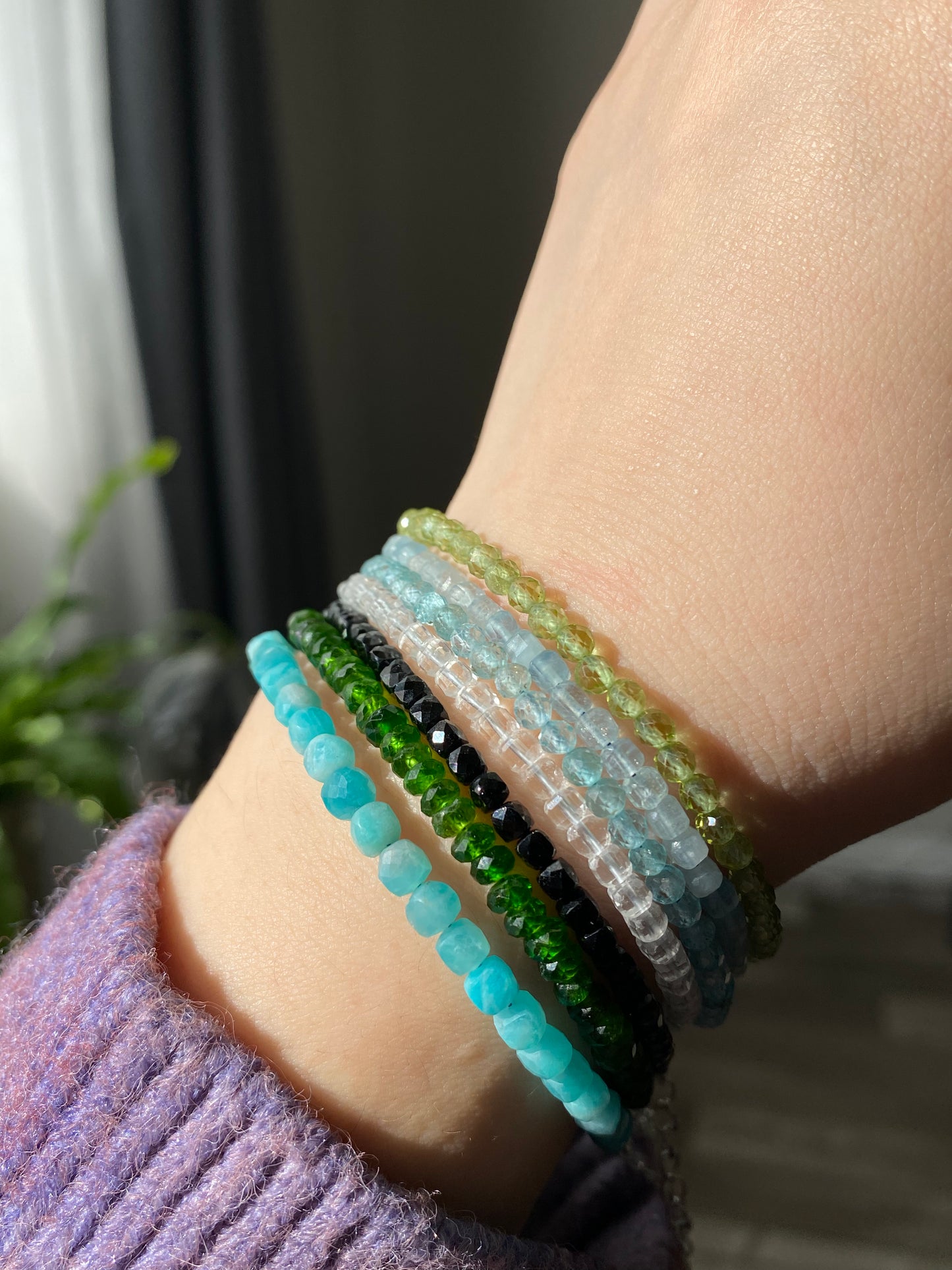 $20 FOR 2 Natural Gemstone Faceted, Blue Apatite,Aquamarine,prehnite,white crystal, Black spinel, Diopside Bracelet, Bridesmaid Gifts