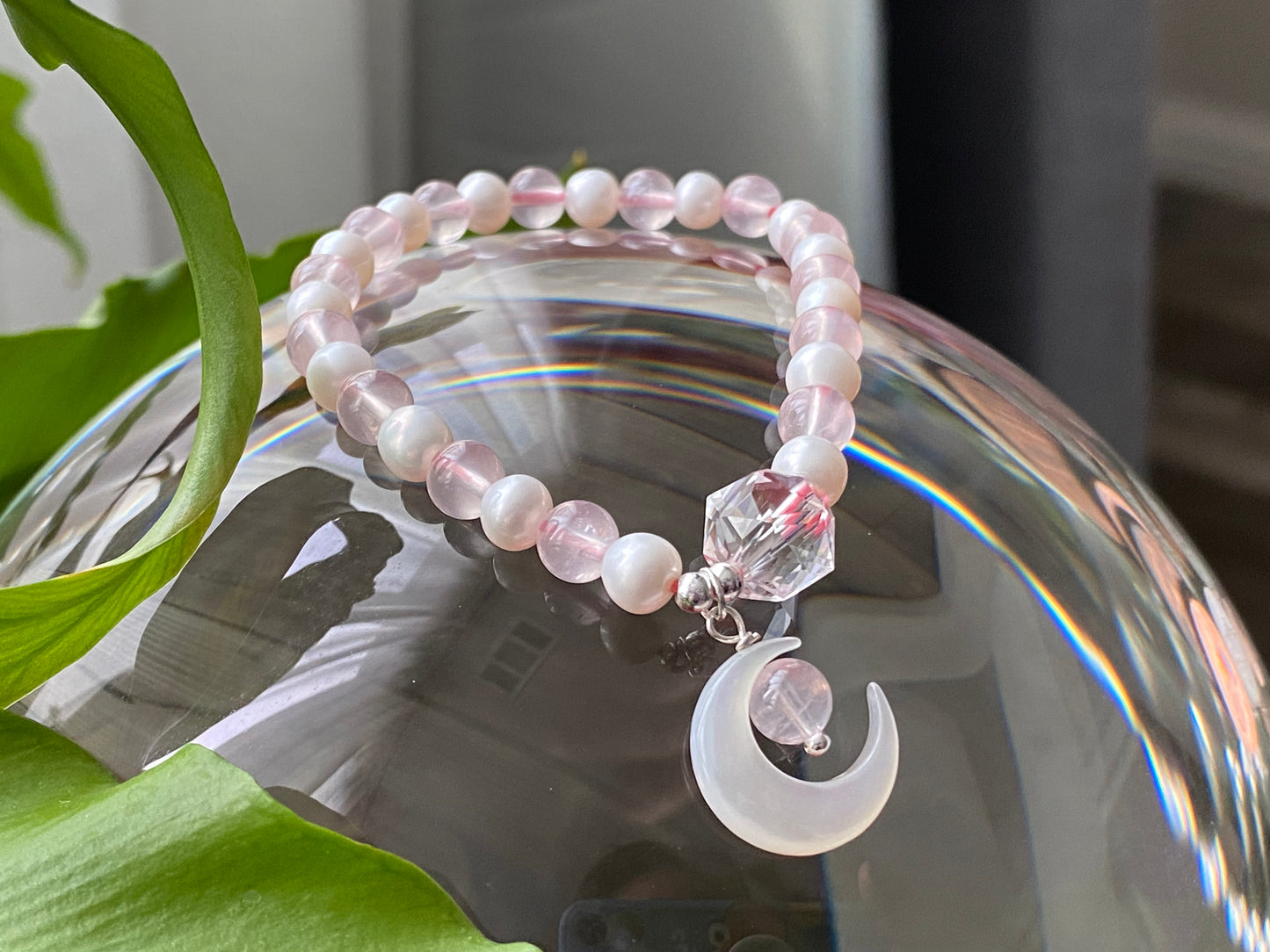 Love with Crescent Moon Rose Quartz freshwater pearls faceted clear quartz handmade bracelet, gift for her,Valentine gift