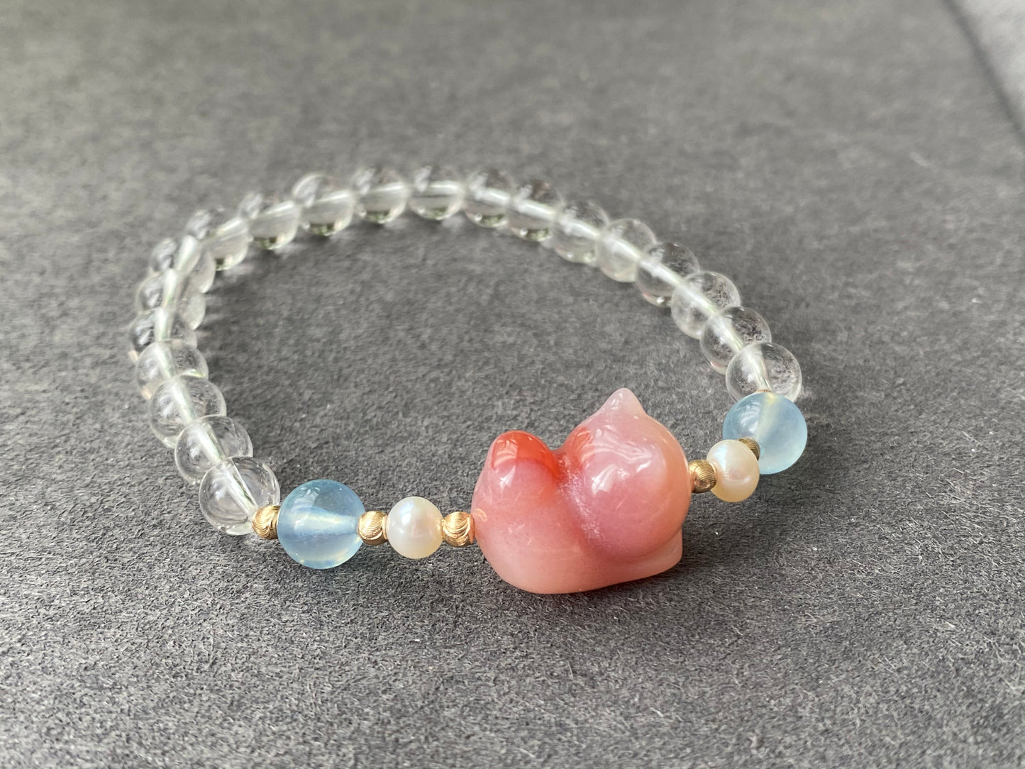 Natural Yanyuan Agate Cute Cat,white Crystal,Aquamarine,fresh Water Pearl Bracelet, gift for her, Valentine's Day Gift