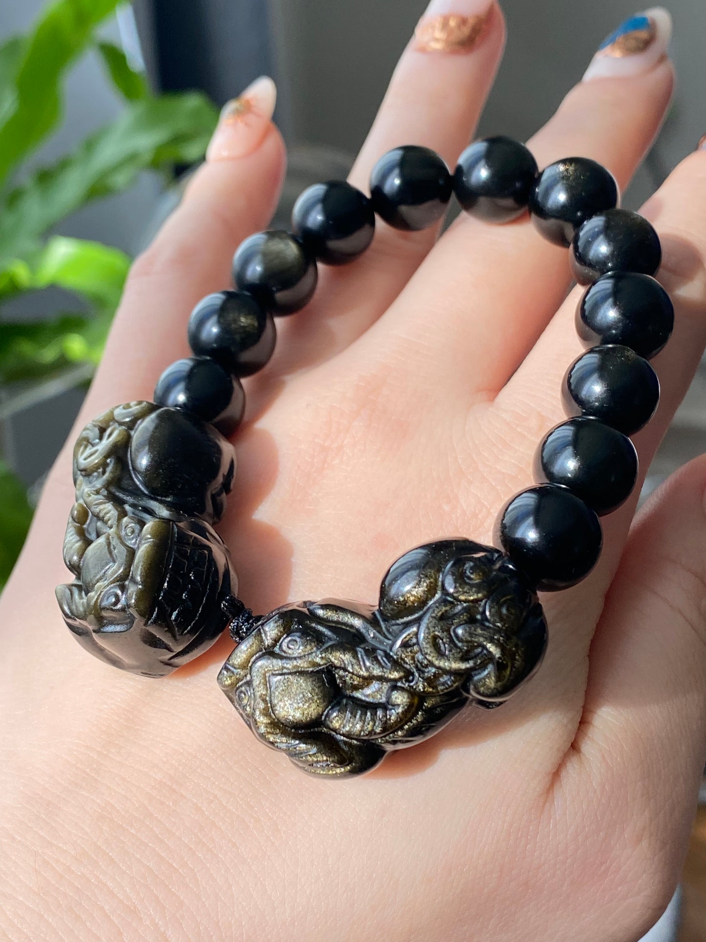 High Rare Grade Natural Golden Obsidian with Hand Craved Pixiu,Brave Troops Charm Bead bracelet, gift for him