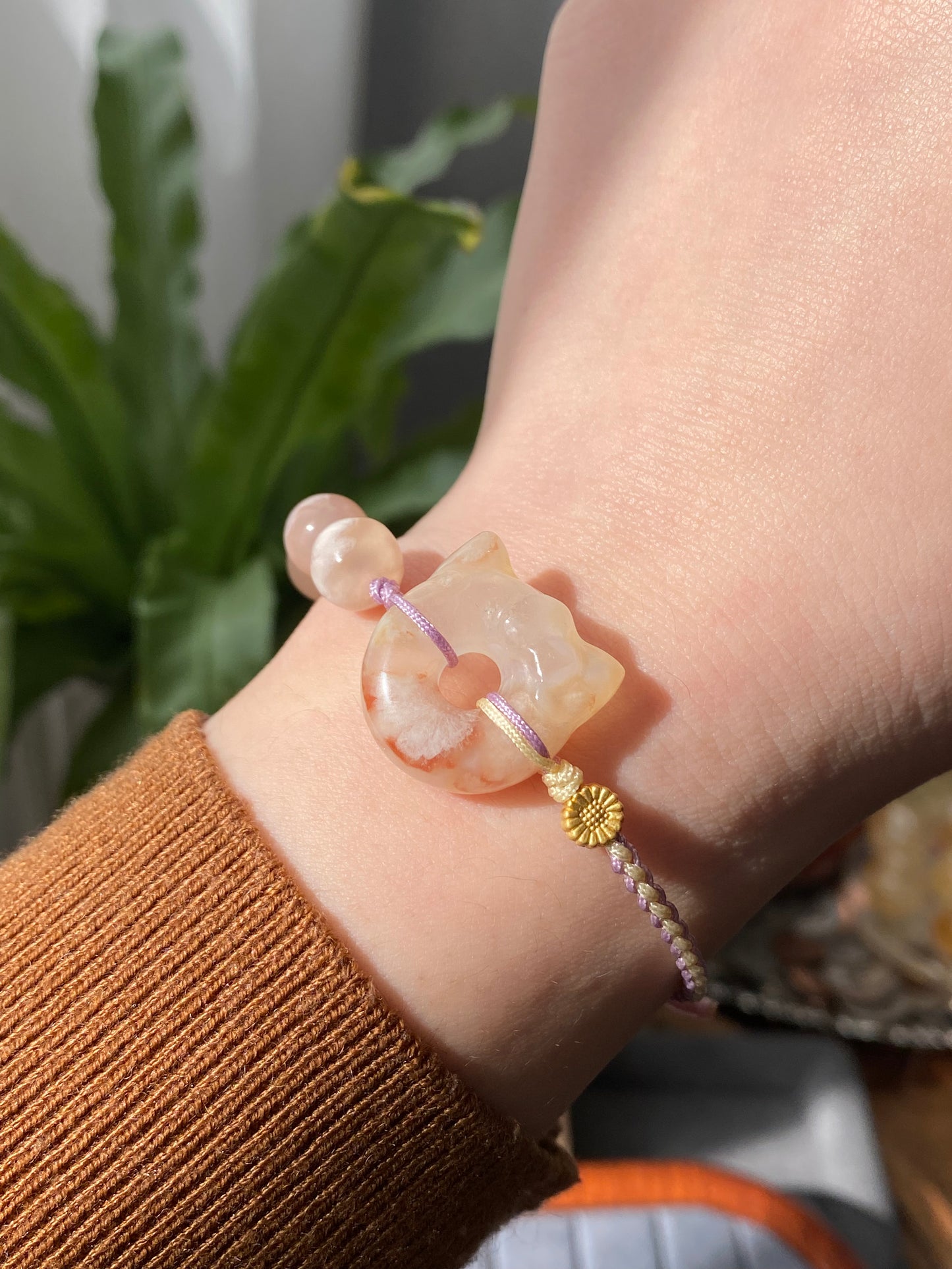 Natural Sakura Agate,cherry blossom agate hand carved hello kitty,star Donut ring braided rope Bracelet，Handmade Bracelet