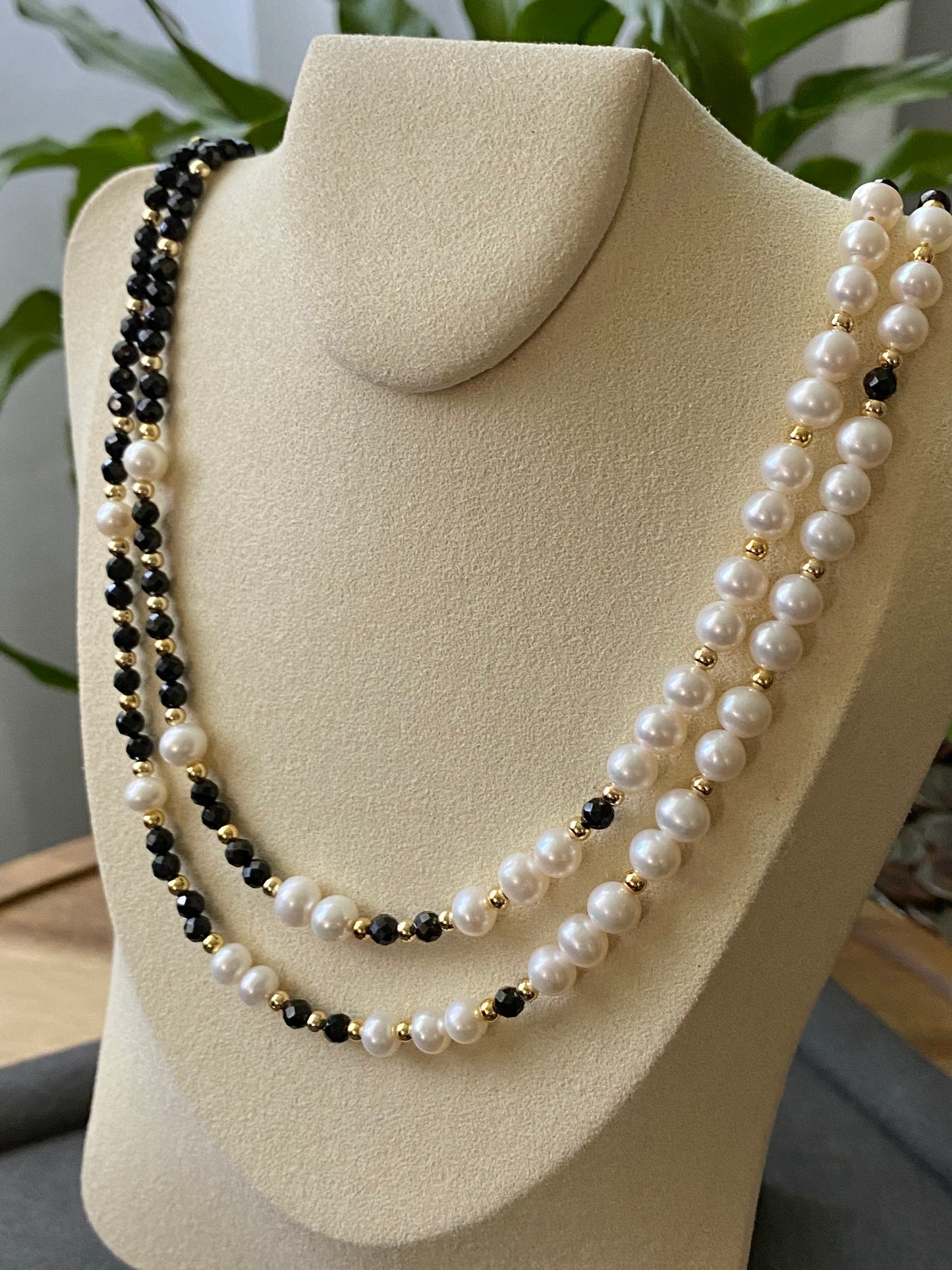 Natural Freshwater pearls with faceted Black Spinel 14K gold filled Handmade Necklace,gift for her, gift for him