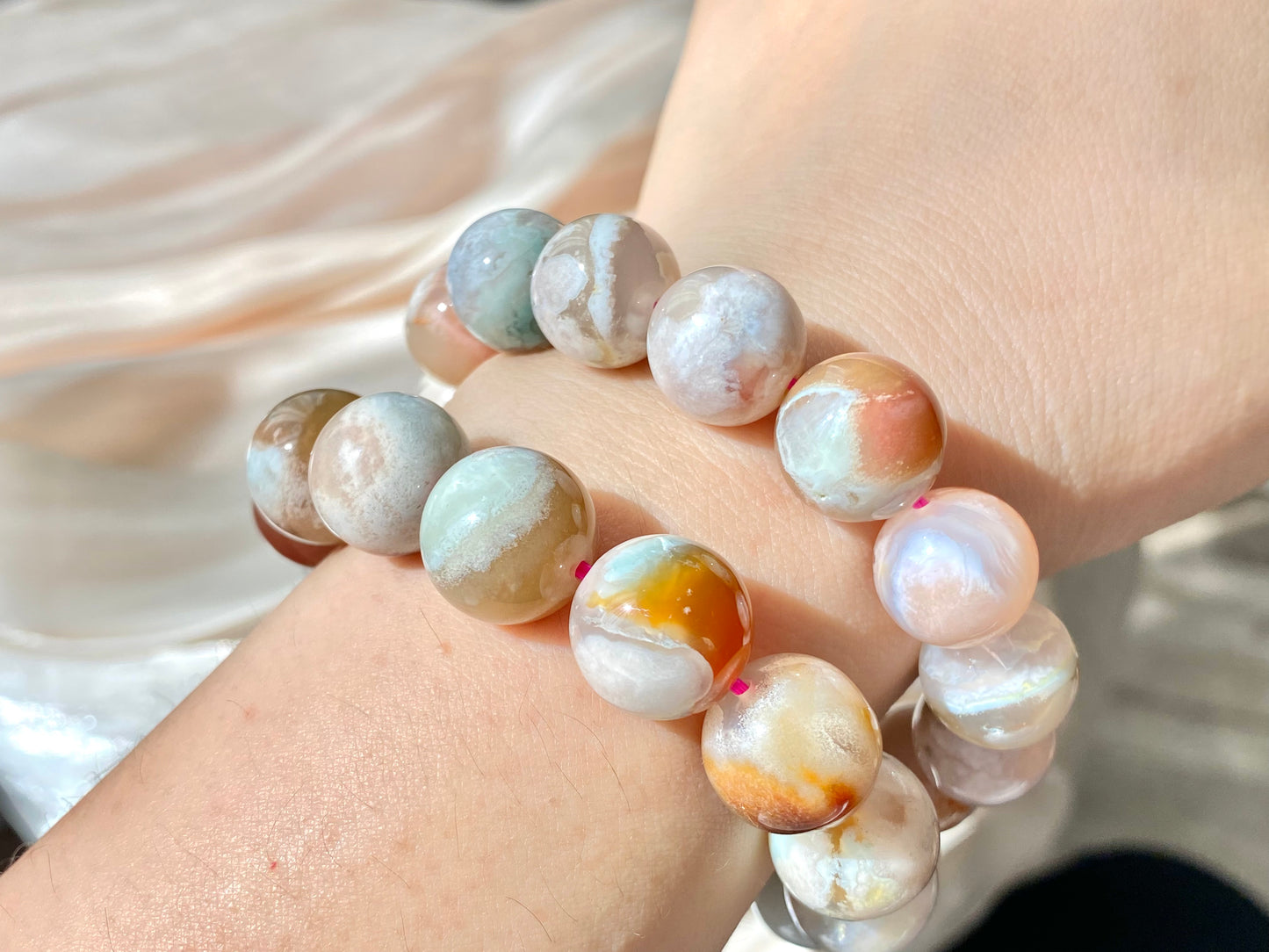 Natural cherry blossom Sakura agate smooth round flower agate grade AAA bead bracelet