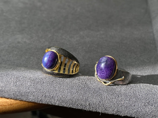 Natural High Grade Purple Pink Sugilite Mid Century Modern Vintage Sterling silver 14K Gold Adjustable Ring