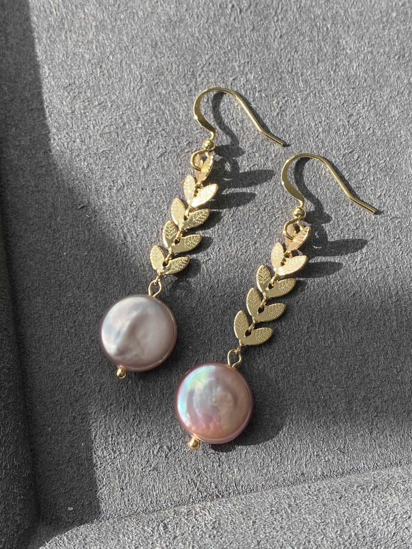 Natural Freshwater super shinning Purple Pink Baroque Pearls cookies round button 14k gold filled Leaf dangle drop,gift for her,Handmade Earring