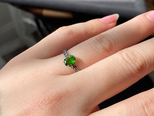 Natural Deep Green Diopside Oval Shape Prong setting Gemstone Ring,Adjustable Ring，gift for her