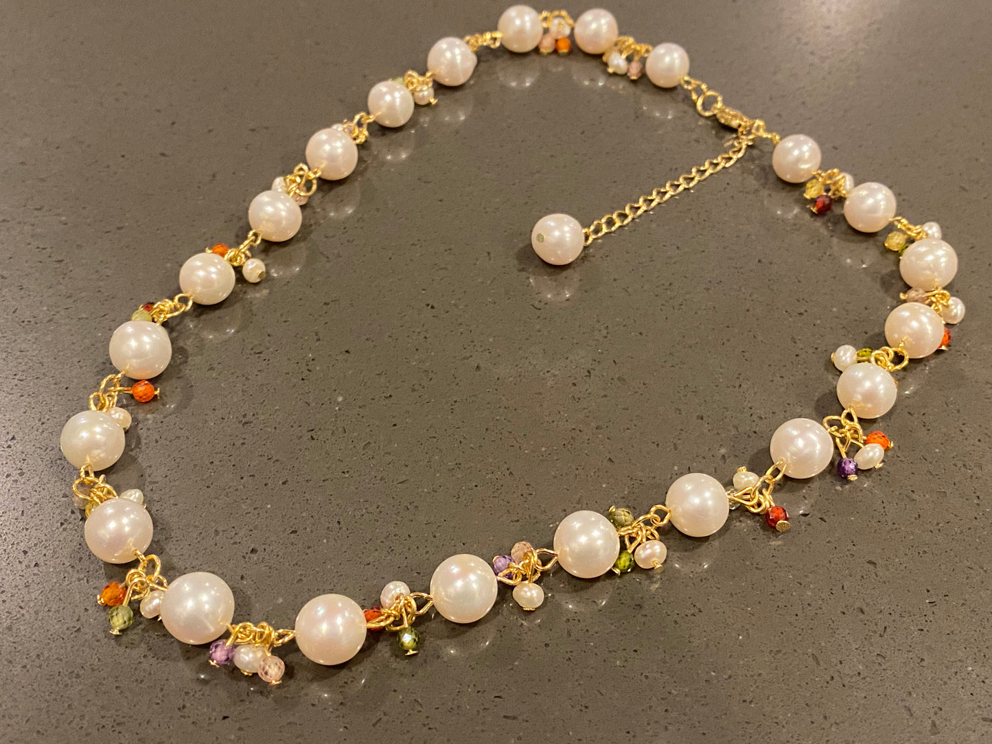 Natural Freshwater Pearl White round 8-9MM Baroque Pearls with rainbow colorful facted Crystal 14K gold Necklace