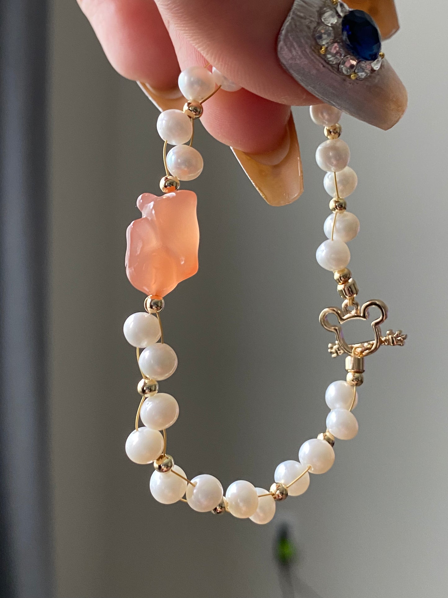 Natural Freshwater pearls with cuty bunny rabbit nanhong agate handmade Bracelet,gift for her