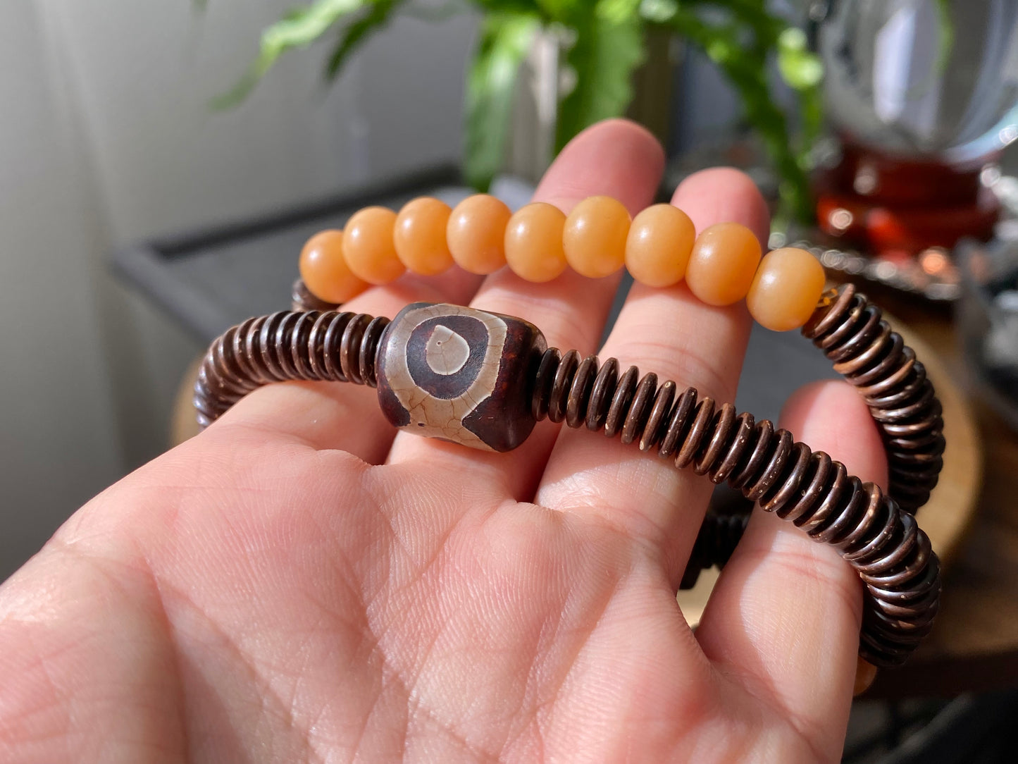 Natural Coconut Shell  design with Caramel brown bodhi root and Dzi Beads Prayer mala Yoga meditation Balanceing Bead bracelet