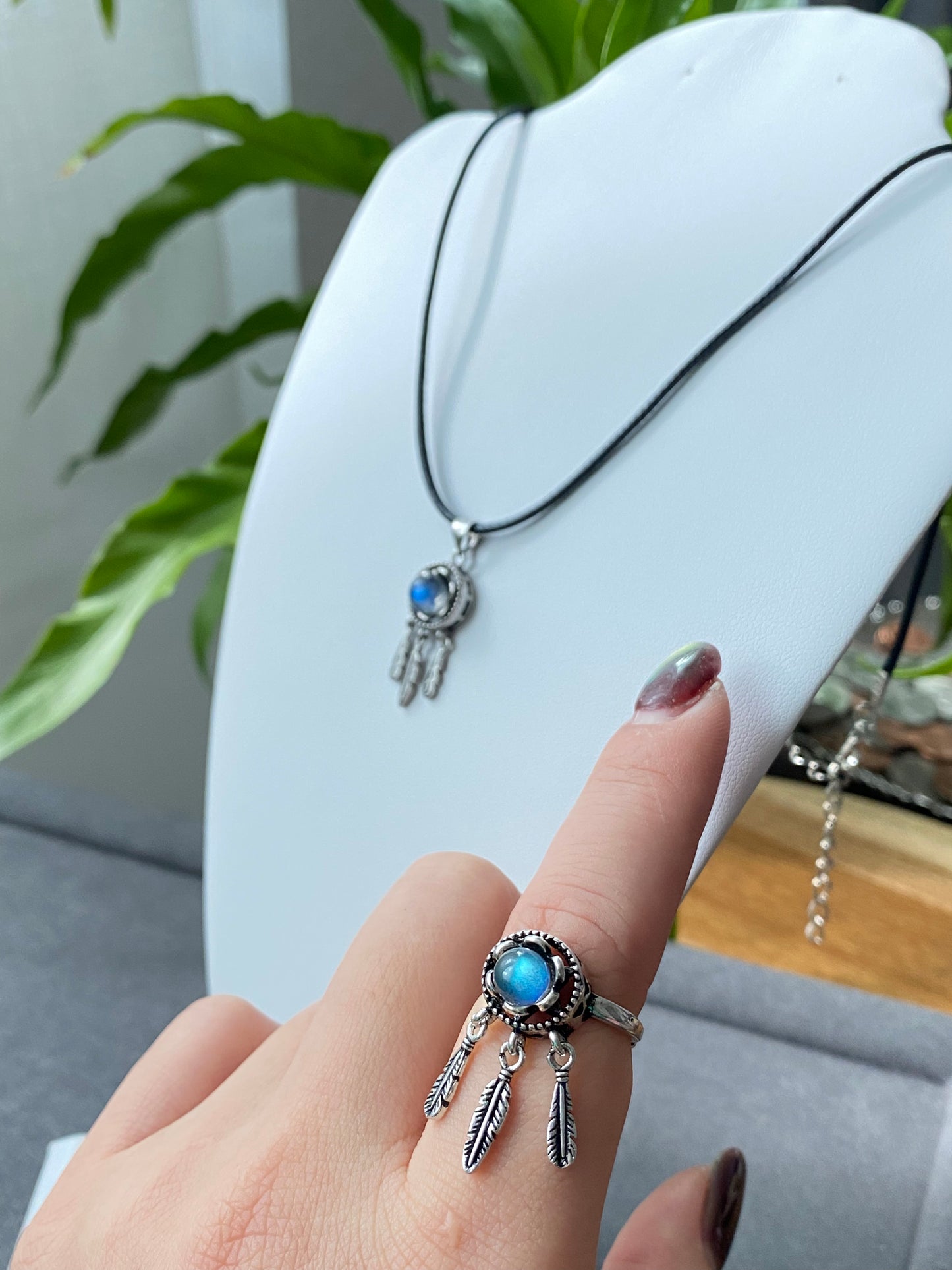 Vintage style Natural moonstone Blue Labradorite  Dreamcatcher Necklace and Ring set