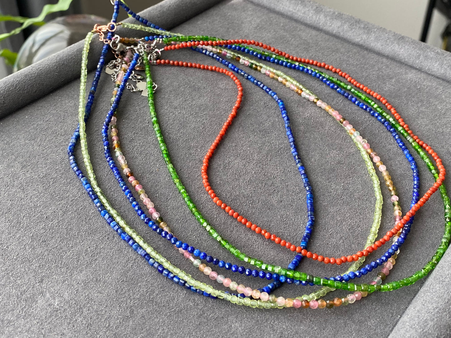 Natural Faceted Gemstone,Green Diopside,Tourmaline,Peridot,lapis lazuli,South Red Agate,Triple Wrap Bracelet,Long necklace