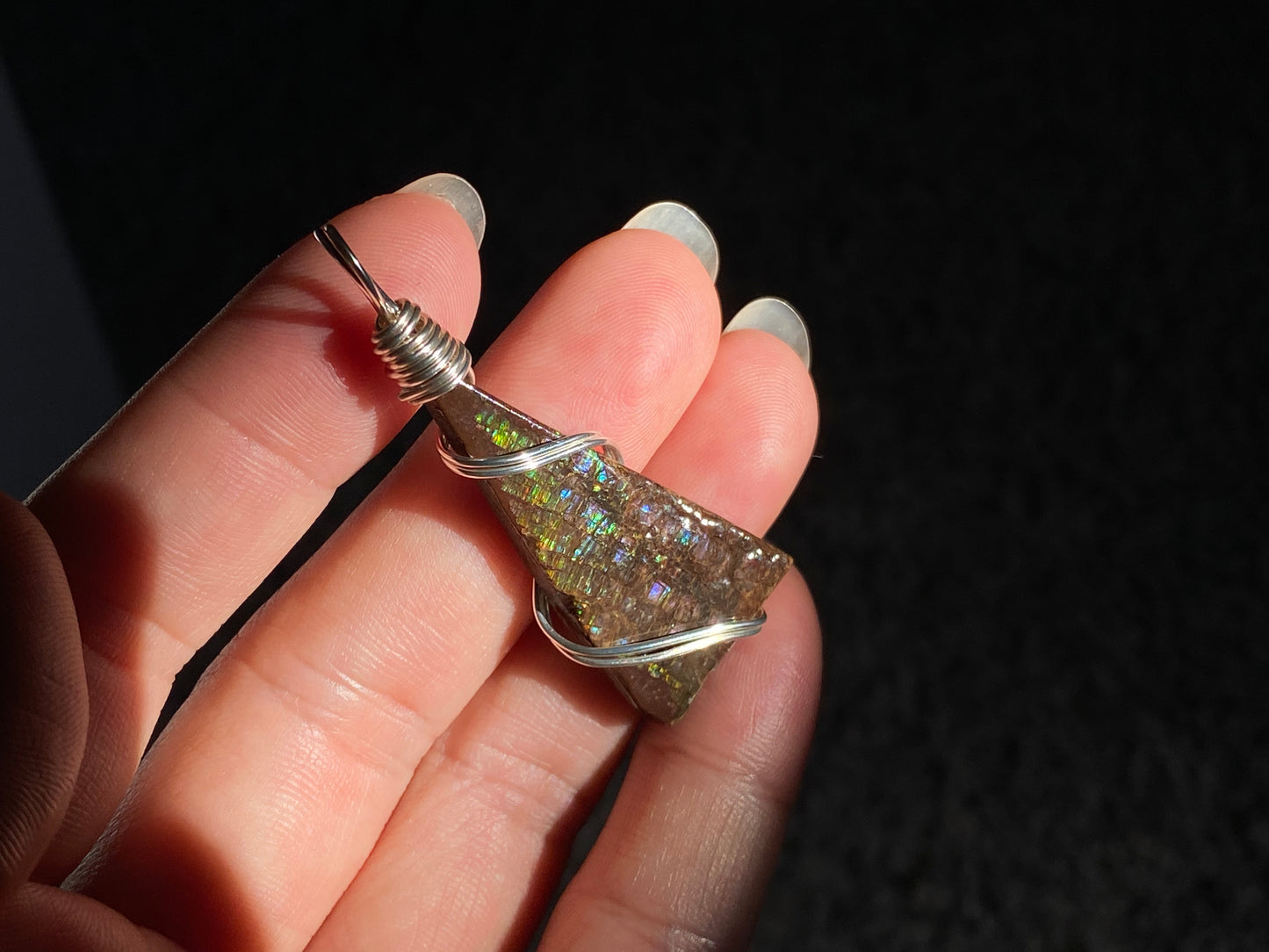 Natural raw Canadian Ammonite Freeform gemstone Pendant with 14k white gold wire