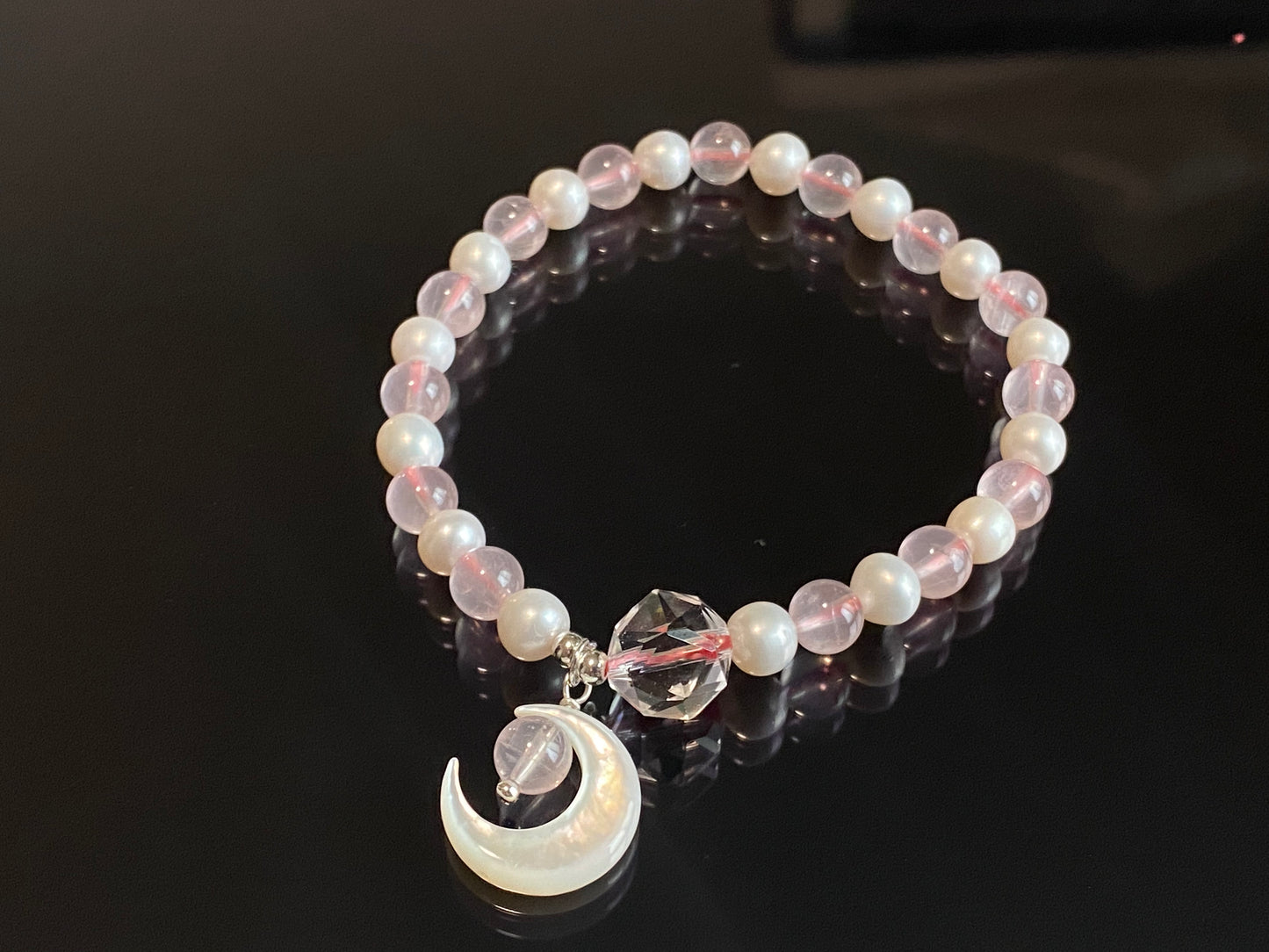 Love with Crescent Moon Rose Quartz freshwater pearls faceted clear quartz handmade bracelet, gift for her,Valentine gift