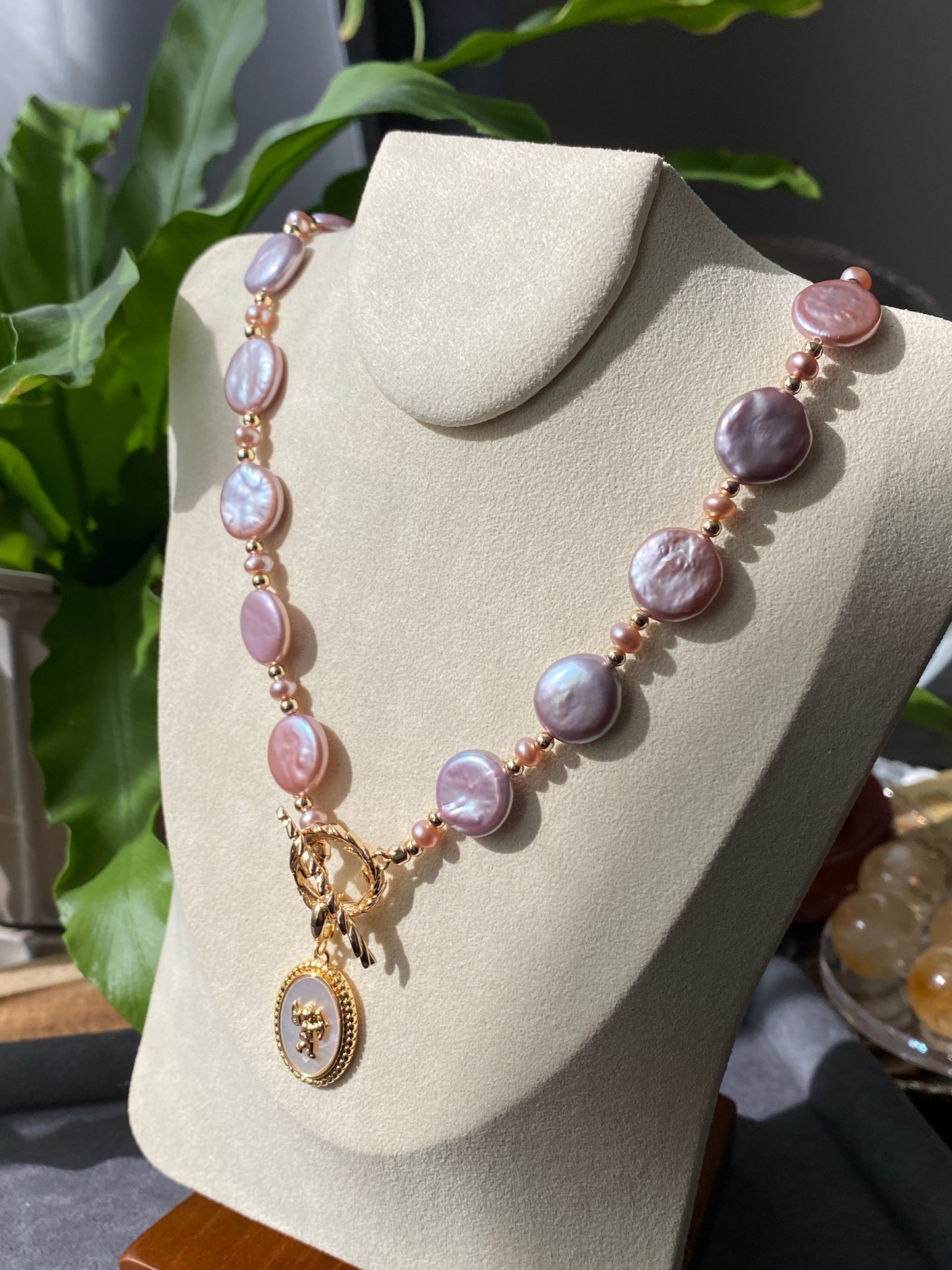 Natural freshwater pearls,baroque metal purple pink cookie shape round button  multiple use Necklace,handmade necklace