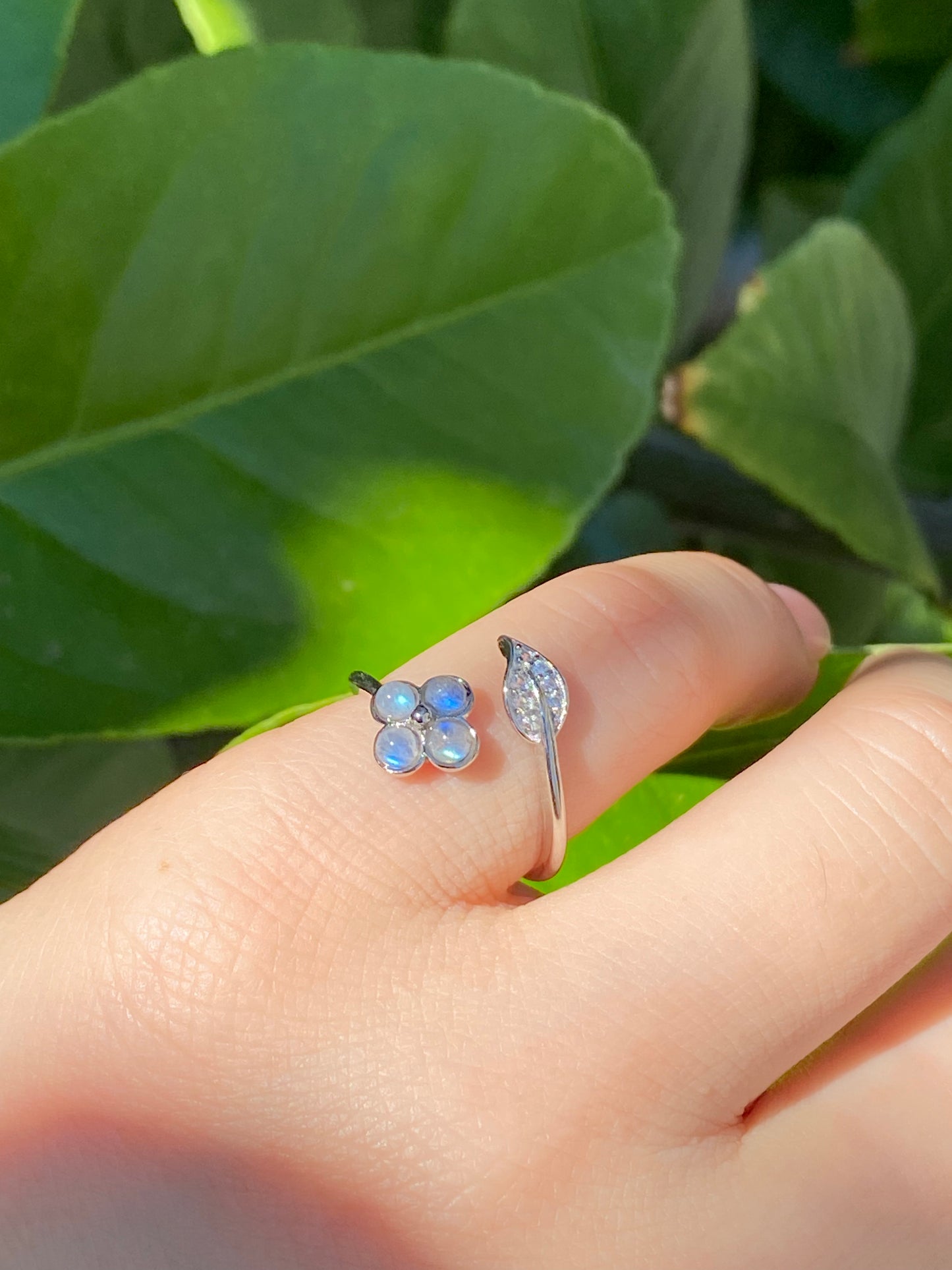 Nature labradorite four leaf clover zircon floral open ring