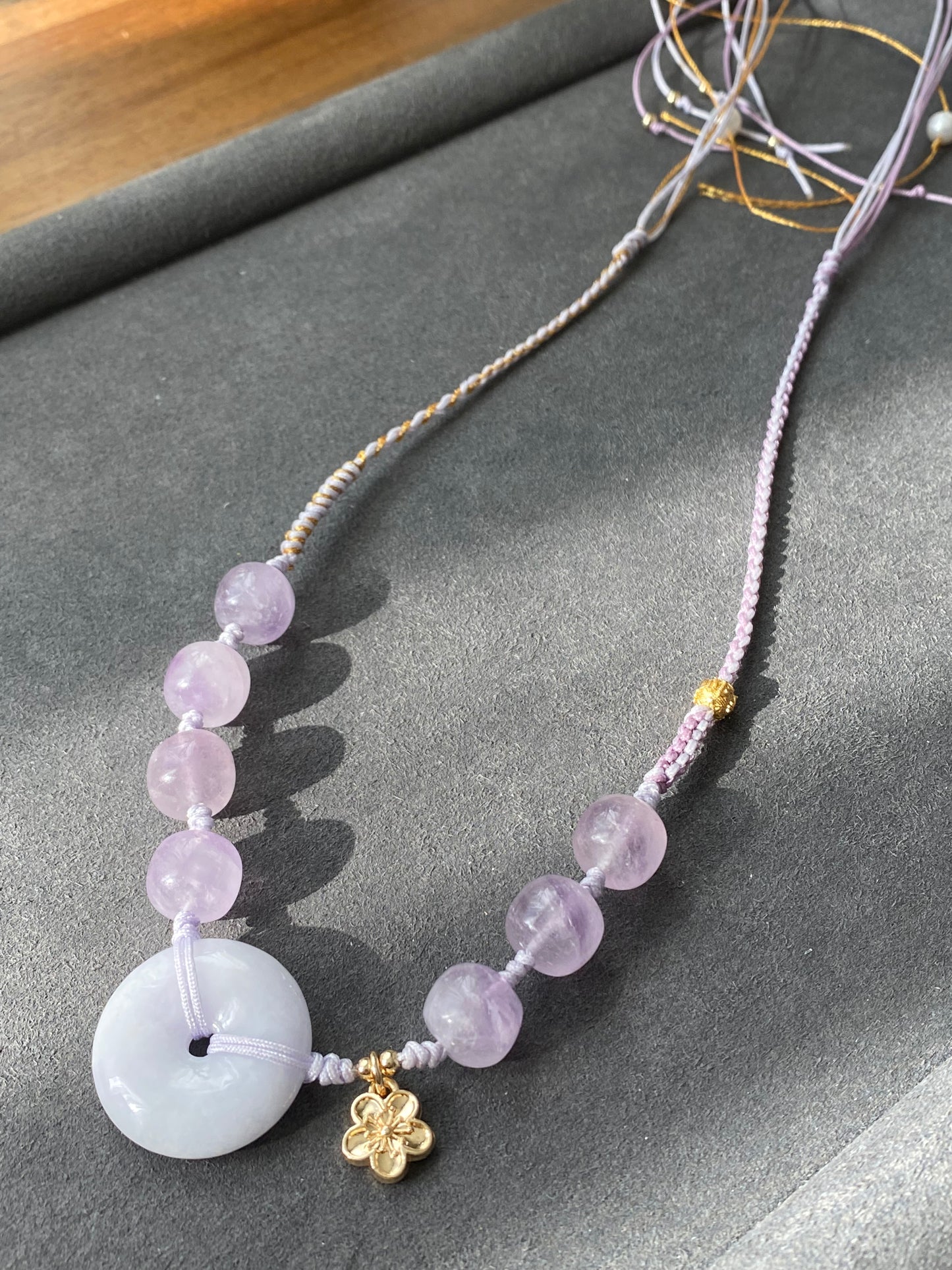 Natural Hetian Jade Donut Ring Shaple,Purple Tone with Purplevine Amethyst short barrel,Peach Flower Dangle Drop  Adjustable Necklace