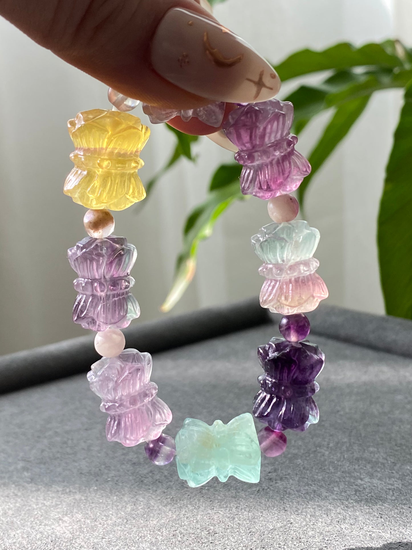 Natural Unicorn FLuorite Hand Craved  twin lotus flowers on one stalk,devoted married couple Beaded Bracelet, gift for her,Valentine's Day Gift