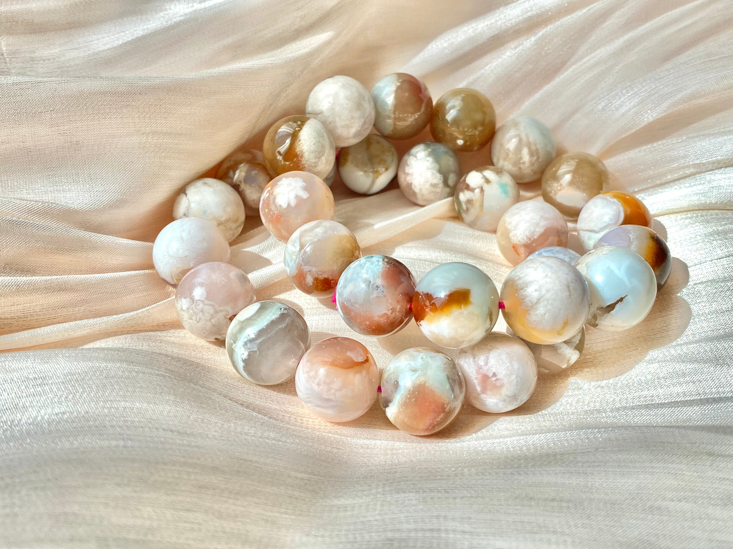 Natural cherry blossom Sakura agate smooth round flower agate grade AAA bead bracelet