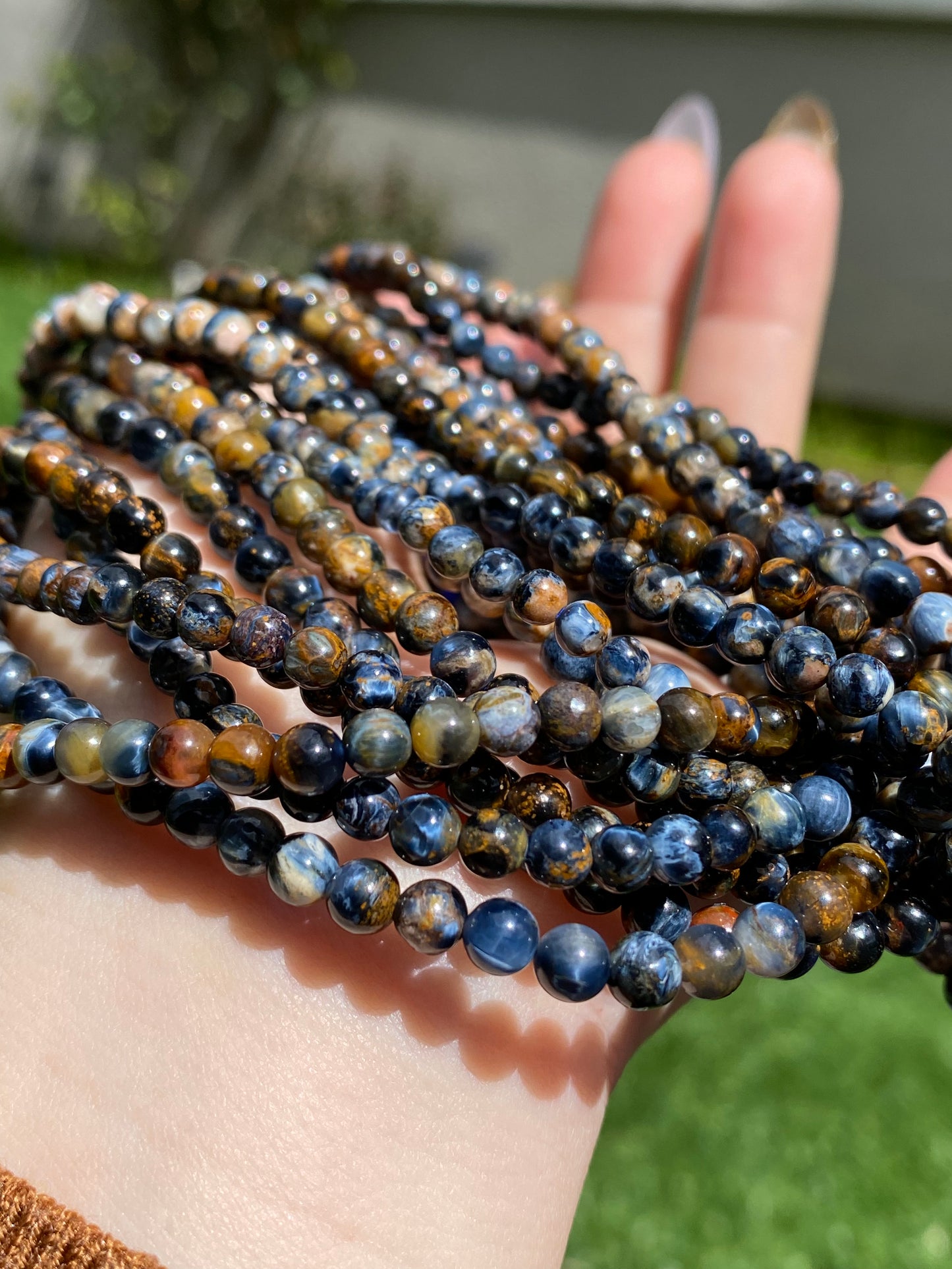 Rare High quality Natural High Grade Blue Pietersite flash lacy shinning round shape long  bracelet /necklace 4mm+,gift for him