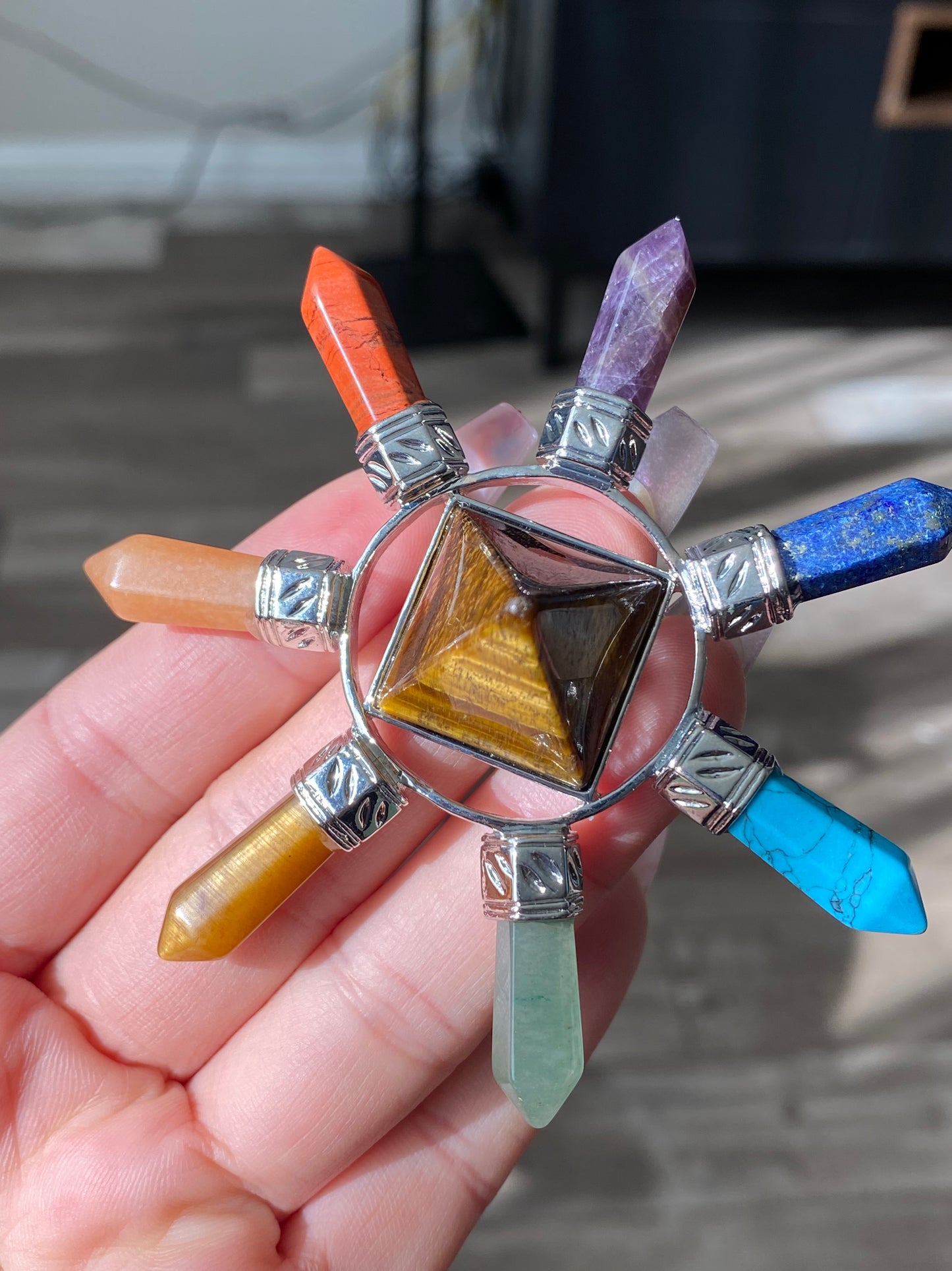 Energy Generator with seven kind Quartz, Tiger eye,Turquoise,Amethyst gemstone Orgonite  Pyramid Reiki Chakra Healing Gift,EMF Protection