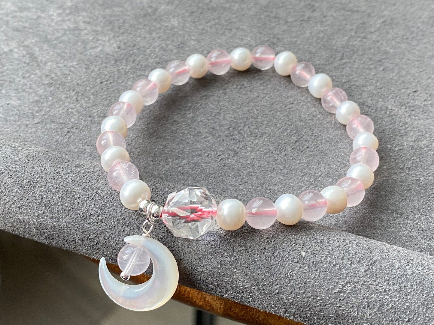 Love with Crescent Moon Rose Quartz freshwater pearls faceted clear quartz handmade bracelet, gift for her,Valentine gift