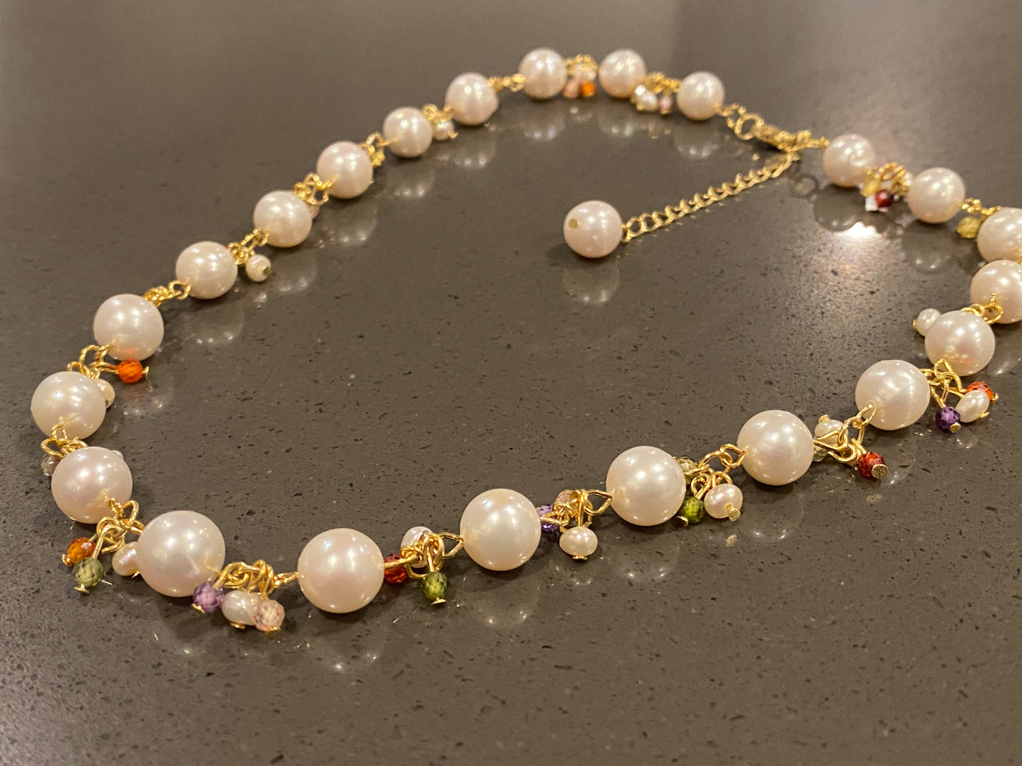 Natural Freshwater Pearl White round 8-9MM Baroque Pearls with rainbow colorful facted Crystal 14K gold Necklace