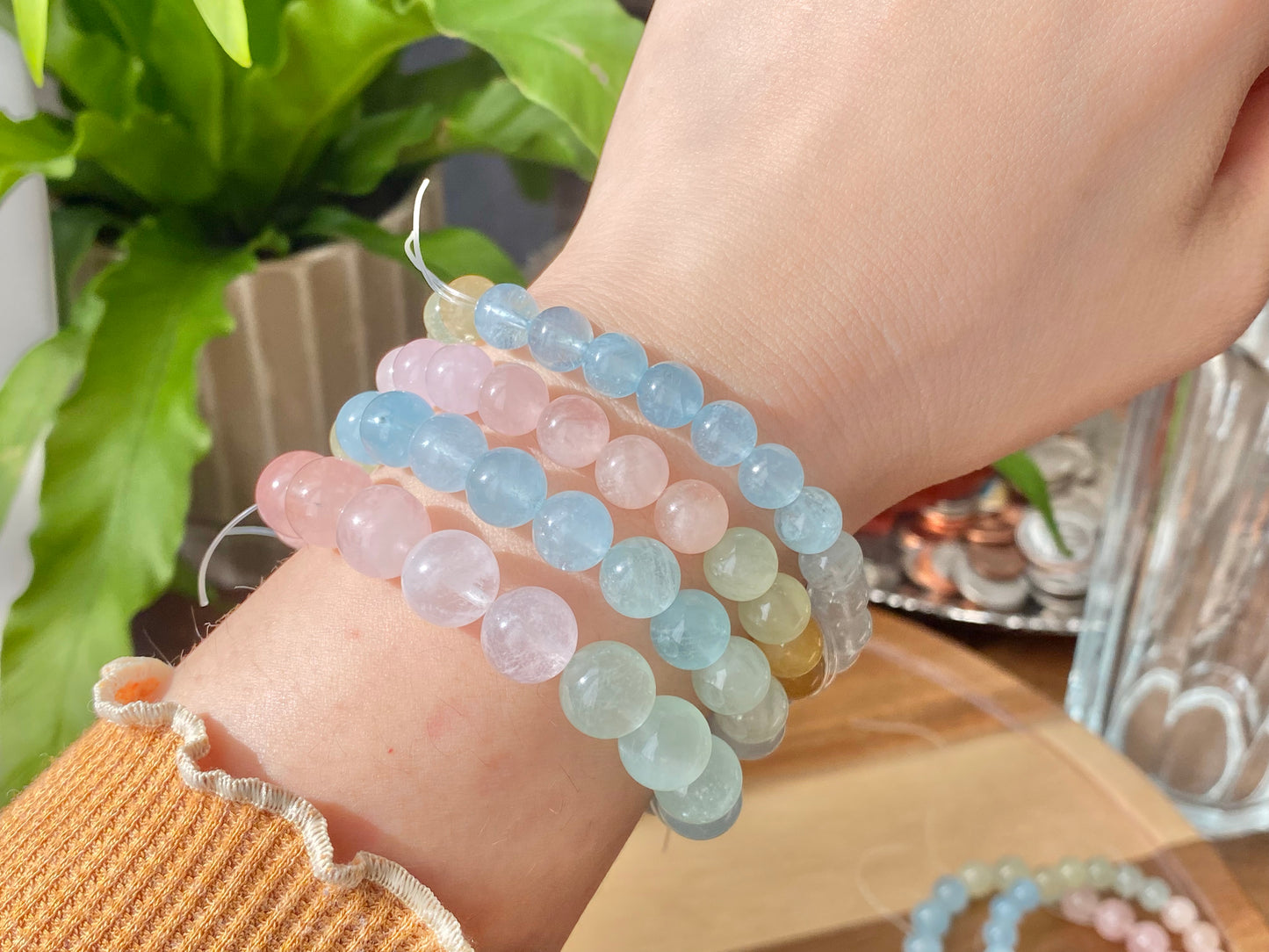 AAAAA Natural rainbow candy Morganite round shape gemstone compasion bracelet 8mm 9mm 10mm