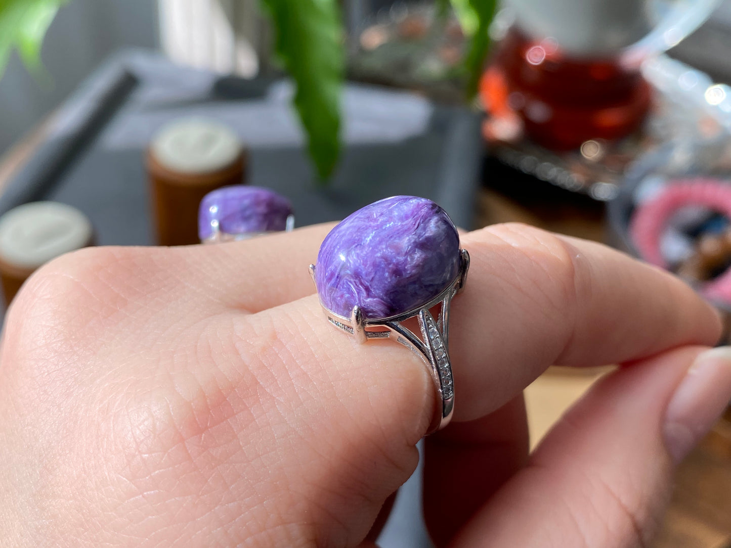 AAAAA Genuine Natural High Grade Silk Shin Purple Charoite,Cat Eyes Oval Shape sterling silver Adjustable Ring