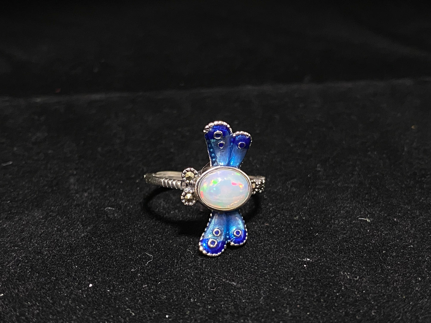 Natural Opal blue green red fire Sterling silver ring bow,feather, dragonfly，Gift for her