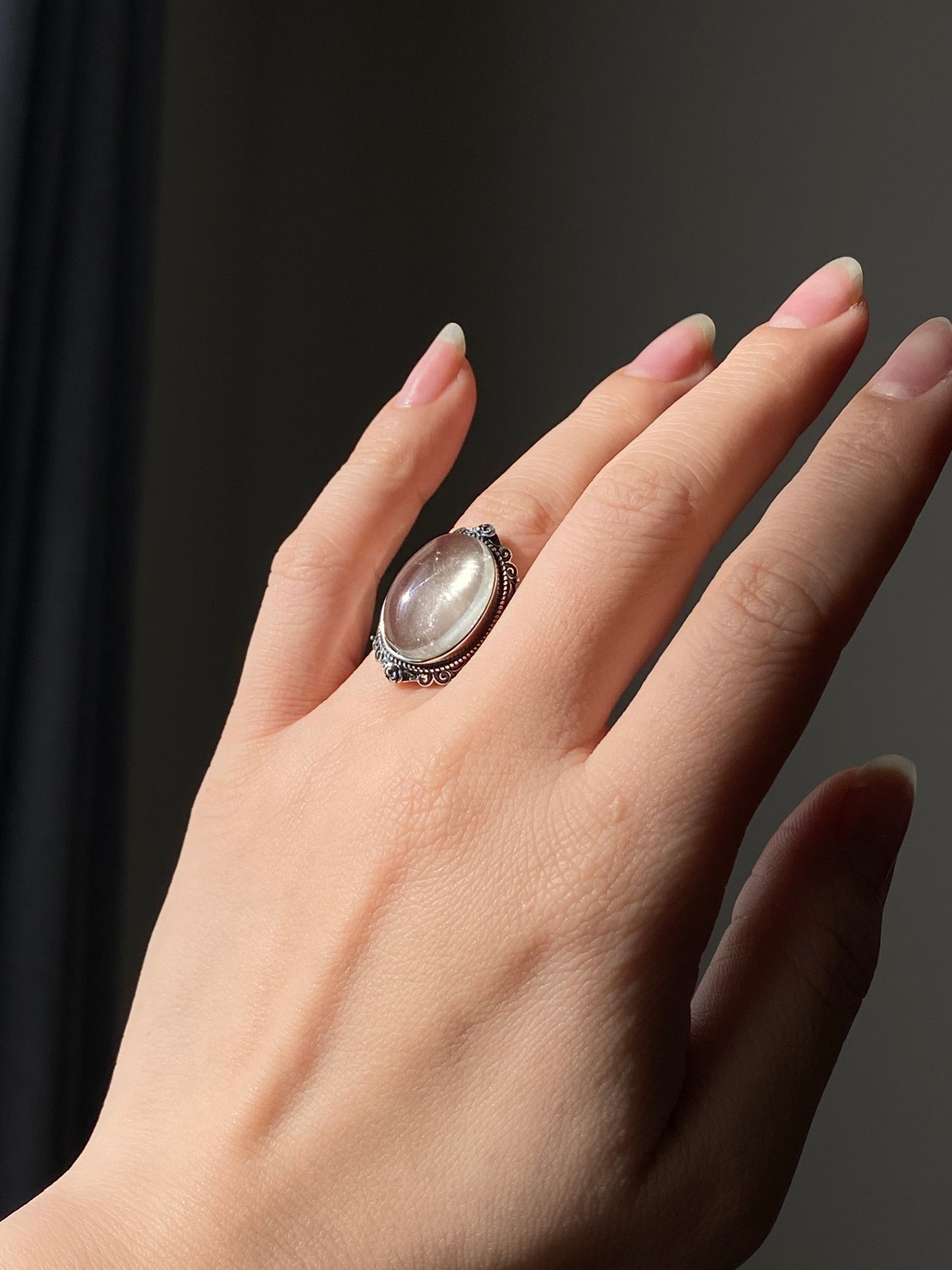 Natural Polished Libyan Desert Glass,Libyan Gold Tektite Sterling silver Mid Century Modern Vintage setting Oval shape Adjustable Ring