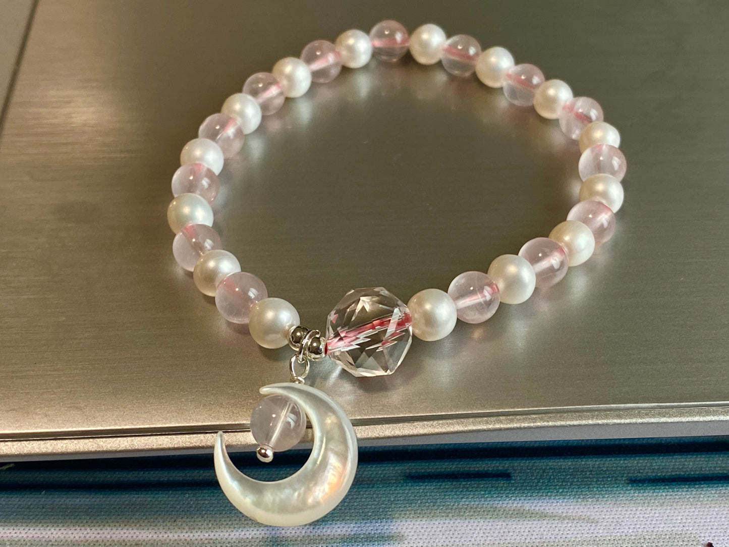 Love with Crescent Moon Rose Quartz freshwater pearls faceted clear quartz handmade bracelet, gift for her,Valentine gift