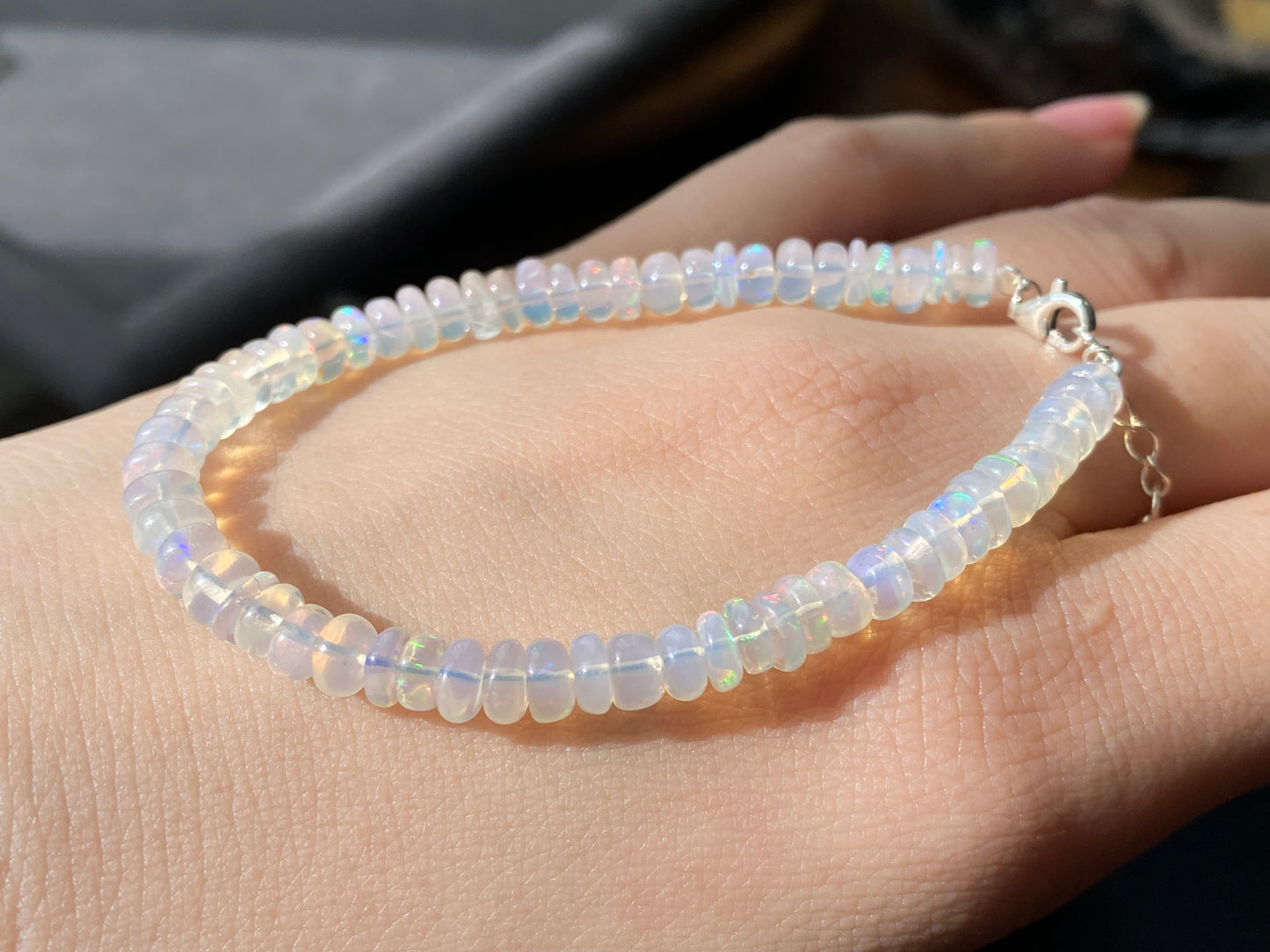 High Quality Natural Rainbow Fire White Opal Donut Sterling silver beaded Bracelet, Gift for her,statement gift