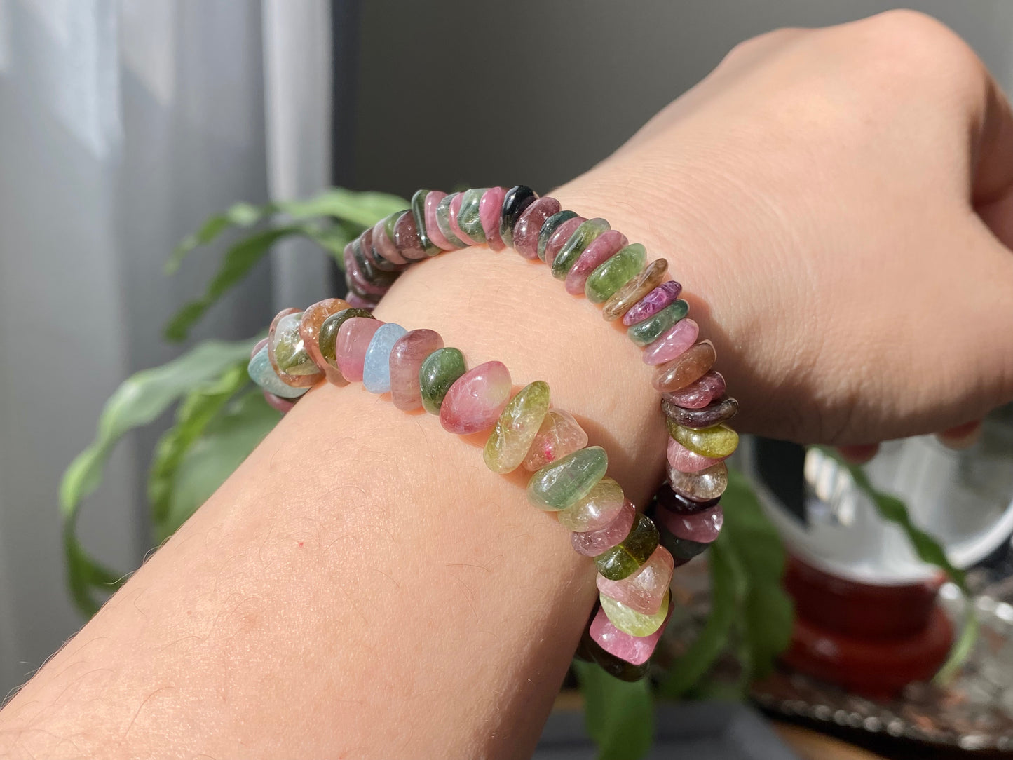 Natural watermelon Multi-color Raw puffy Tourmaline rock Gemstone  Bead Bracelet ,gift for her