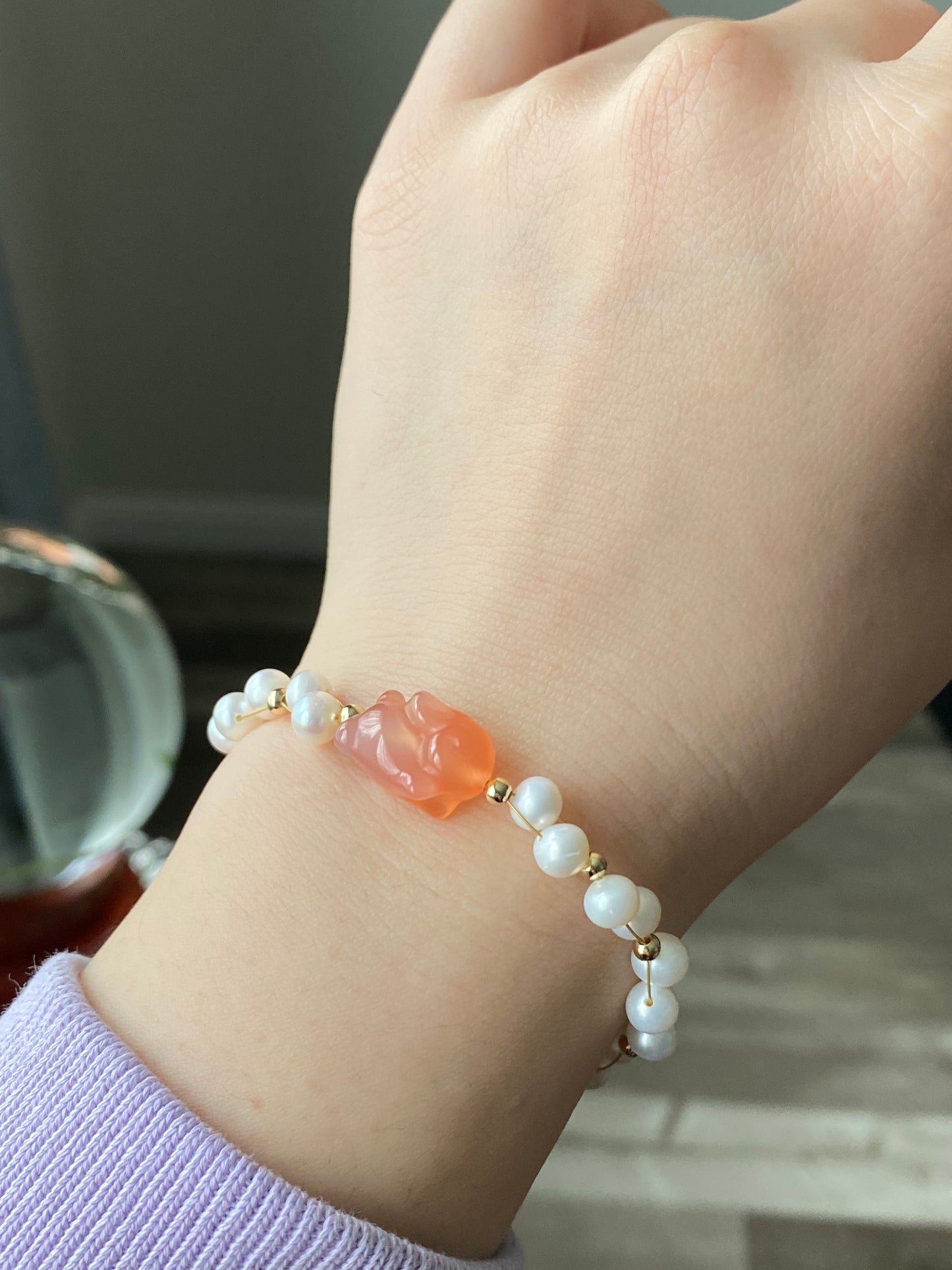 Natural Freshwater pearls with cuty bunny rabbit nanhong agate handmade Bracelet,gift for her