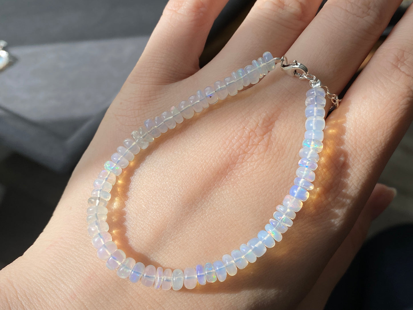 High Quality Natural Rainbow Fire White Opal Donut Sterling silver beaded Bracelet, Gift for her,statement gift