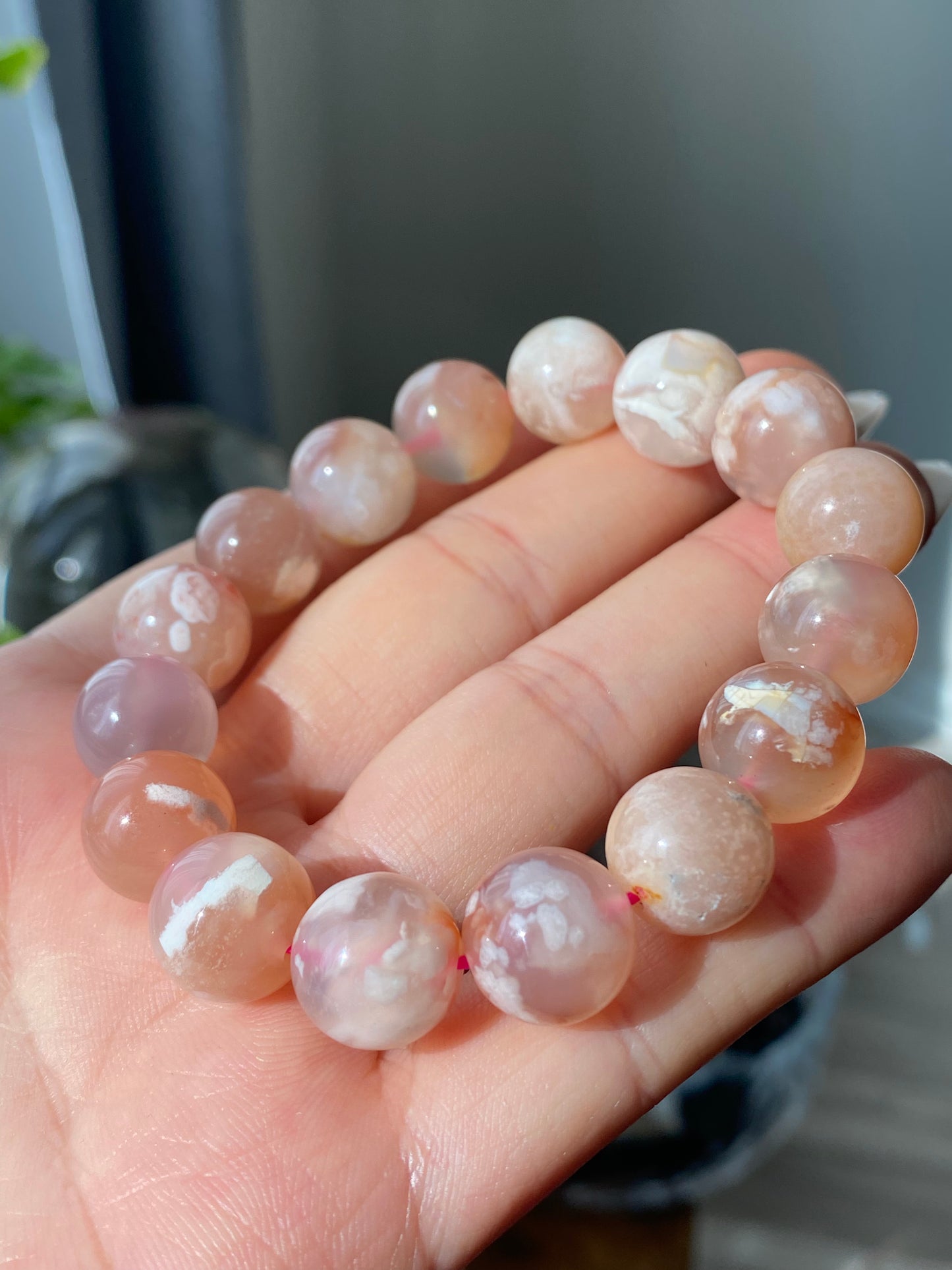 Rare High Grade Natural Sakura Agate,Cherry Blossom Flower Agate Round Bead  bracelet,Valentine's Day Gift