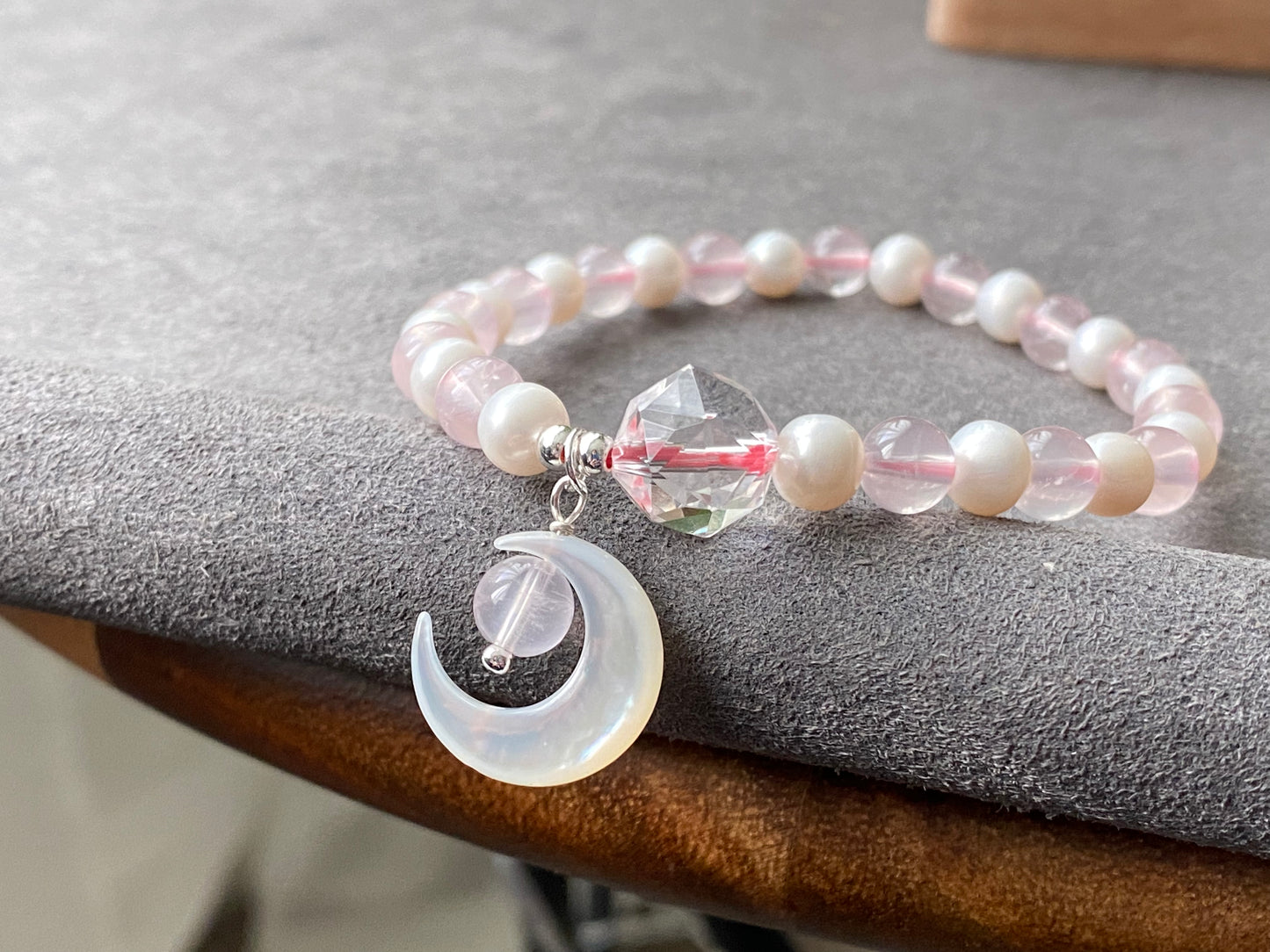 Love with Crescent Moon Rose Quartz freshwater pearls faceted clear quartz handmade bracelet, gift for her,Valentine gift