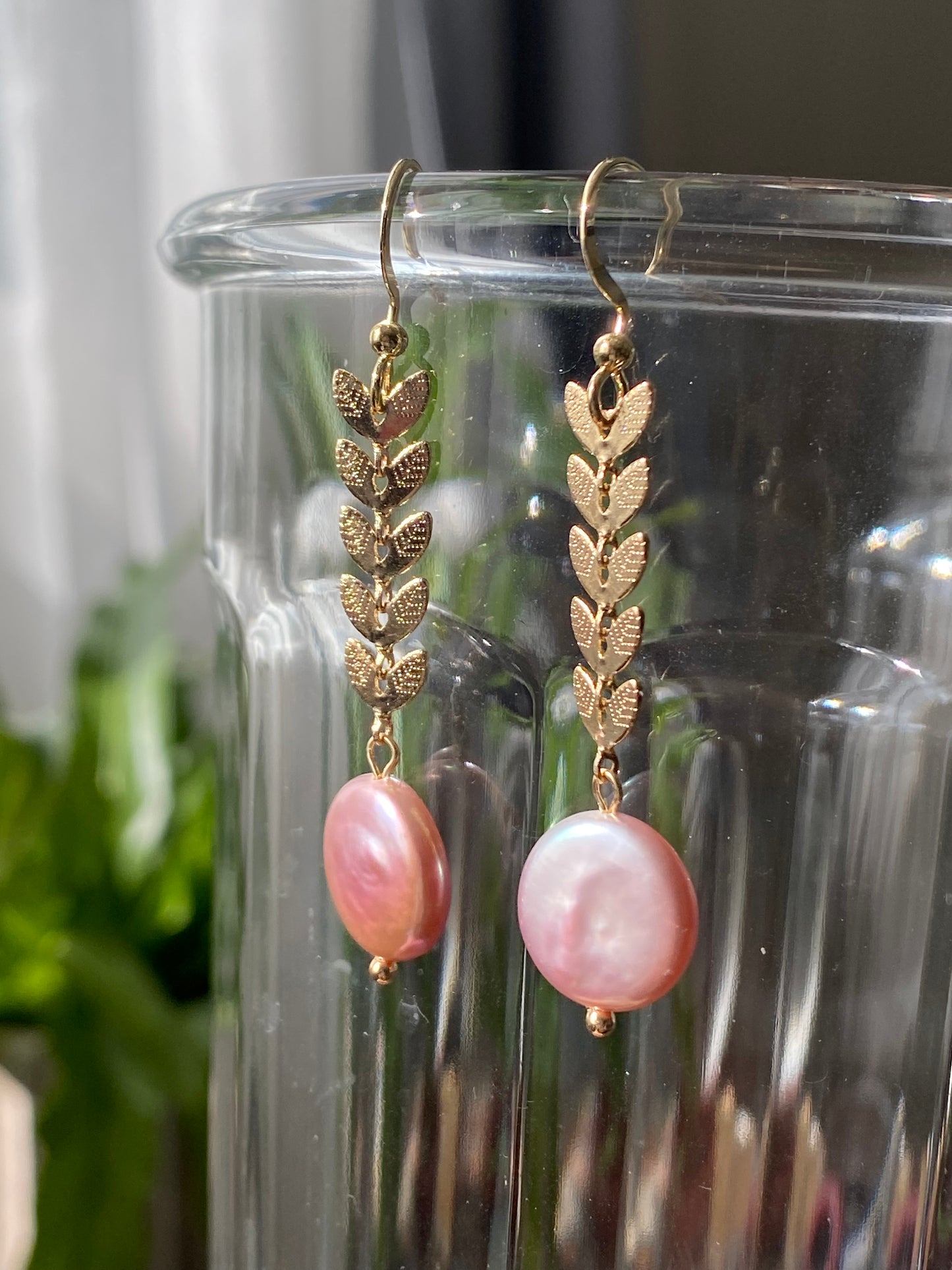 Natural Freshwater super shinning Purple Pink Baroque Pearls cookies round button 14k gold filled Leaf dangle drop,gift for her,Handmade Earring