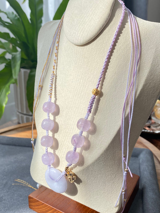 Natural Hetian Jade Donut Ring Shaple,Purple Tone with Purplevine Amethyst short barrel,Peach Flower Dangle Drop  Adjustable Necklace