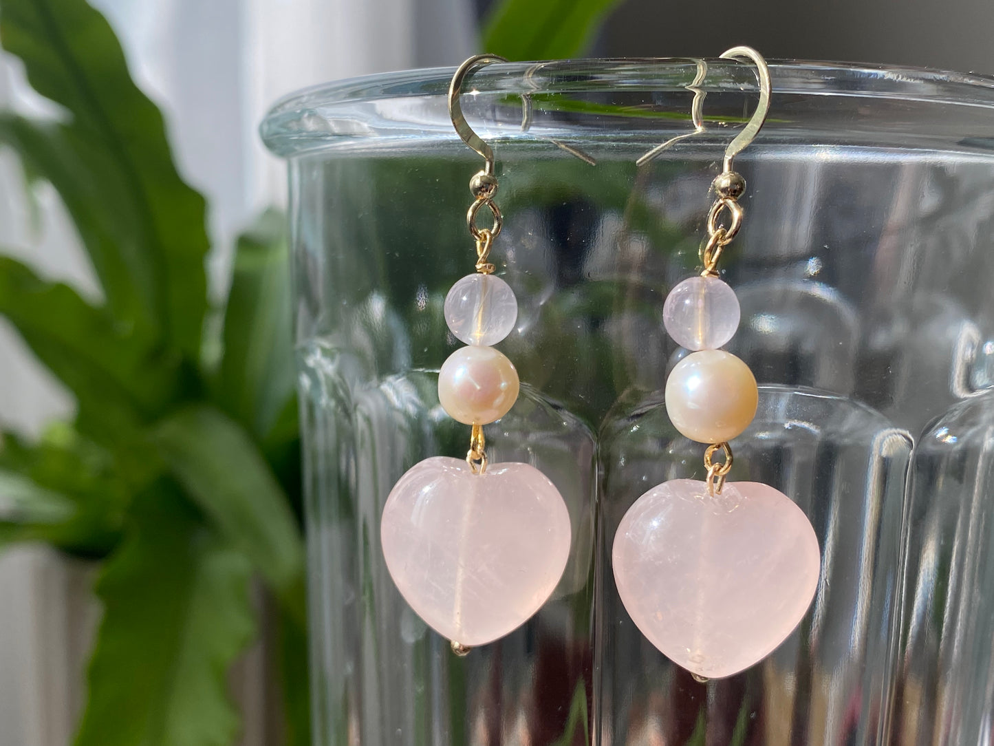 Natural AAA high quality Rose quartz cuty puffy heart shape drop dangle earring,Handmade Earring,Made in California